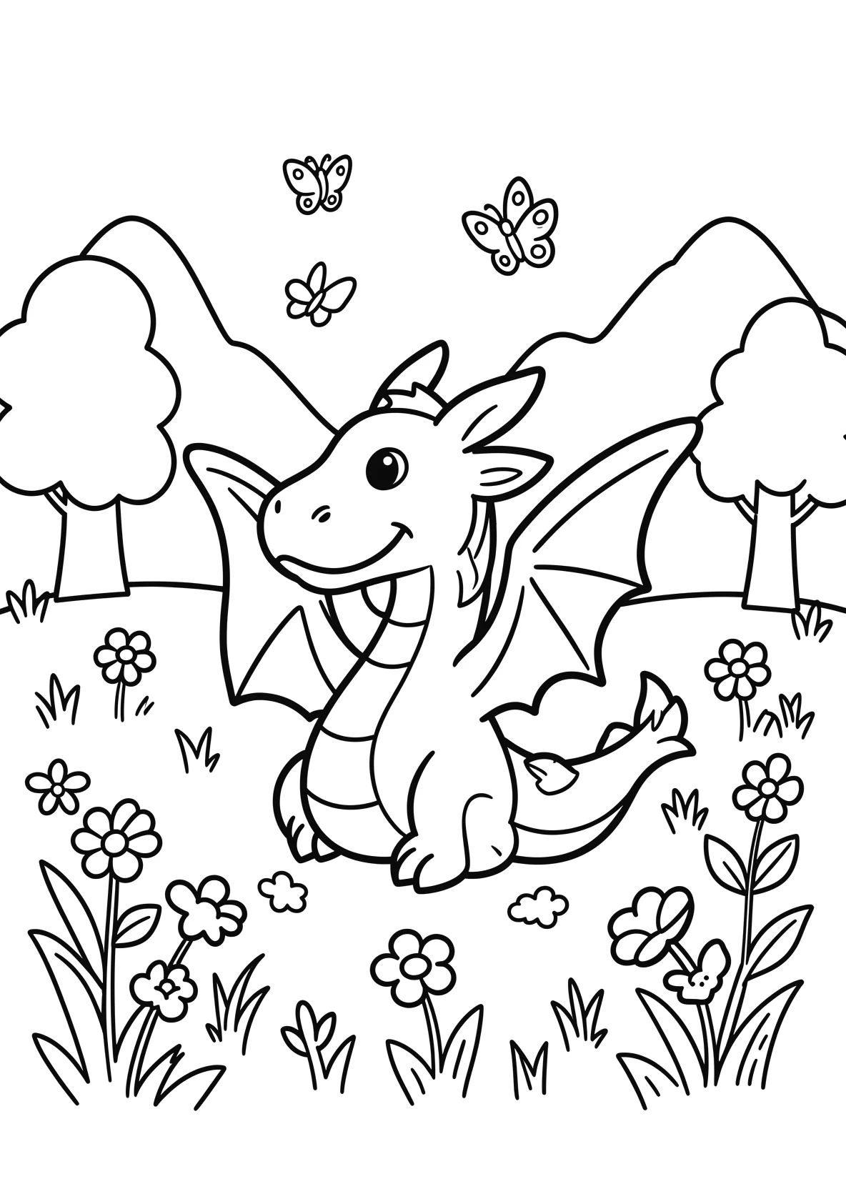 Ausmalbild Freundlicher Drache spielt auf einer Blumenwiese - Ausmalbild aus der Kategorie Tiere - kostenlos ausdrucken