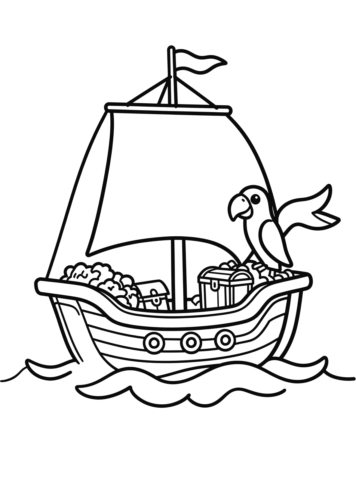 Ausmalbild Piratenschiff auf hoher See mit Papagei - Ausmalbild aus der Kategorie Maerchen - kostenlos ausdrucken