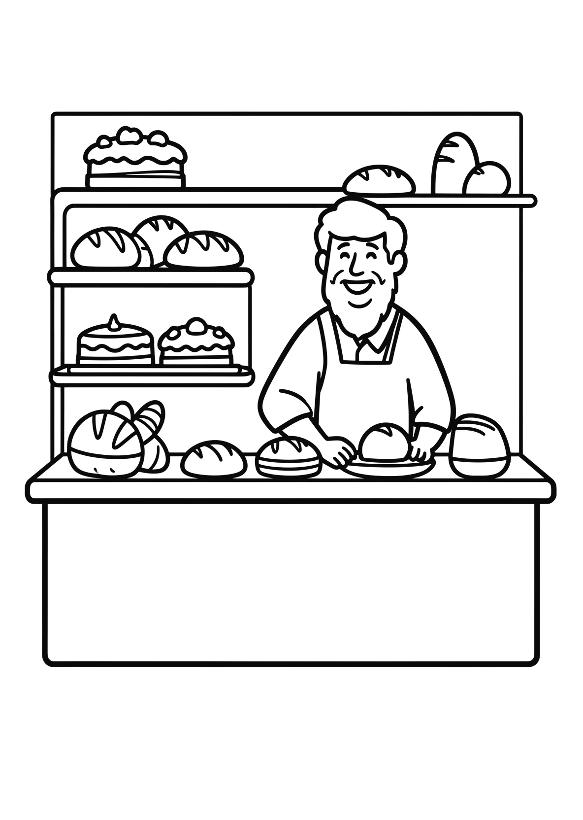 Ausmalbild Bäckerei mit Kuchen - Ausmalbild aus der Kategorie Essen - kostenlos ausdrucken