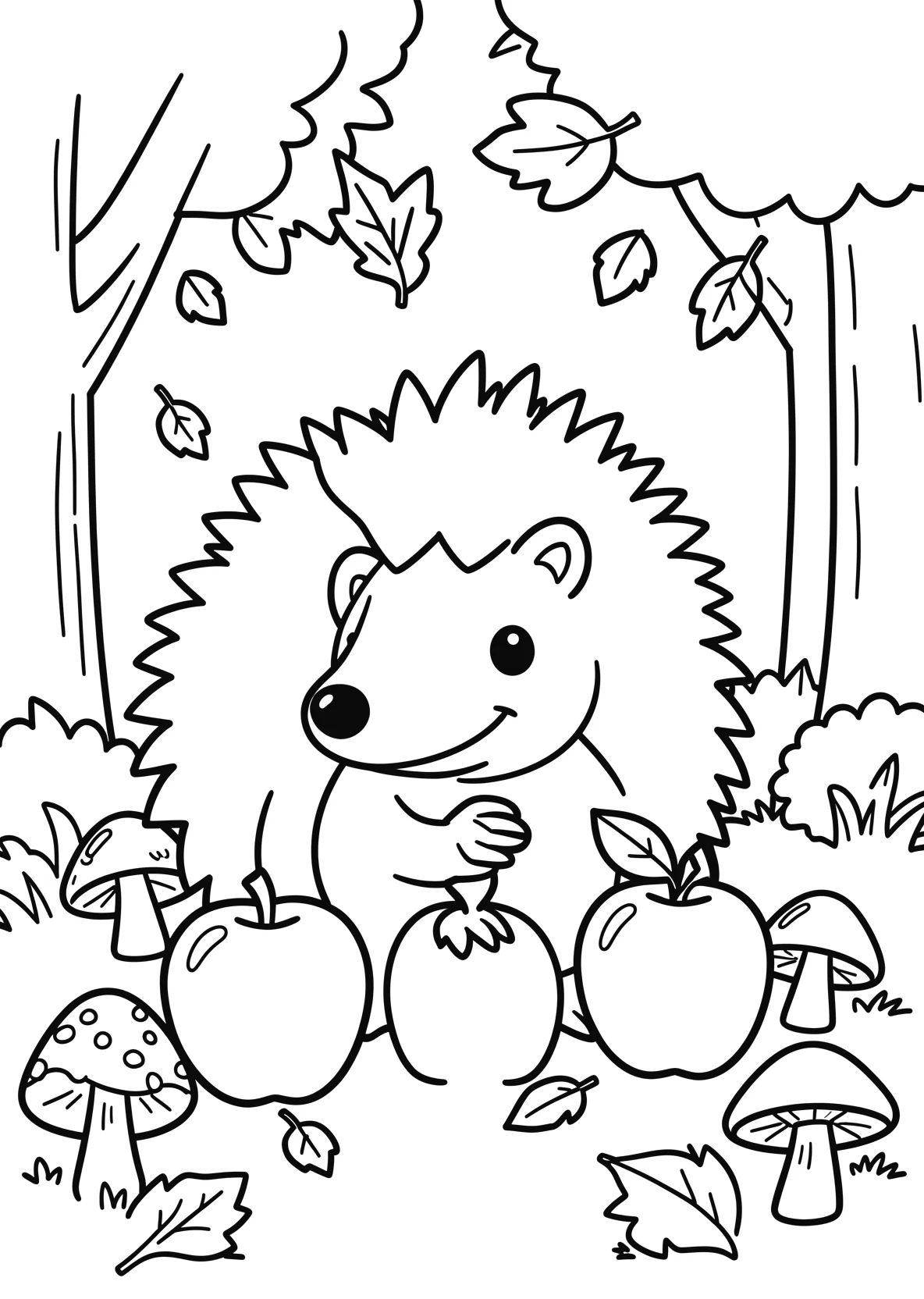 Ausmalbild Igel sammelt Äpfel im Herbstwald mit fallenden - Ausmalbild aus der Kategorie Natur - kostenlos ausdrucken