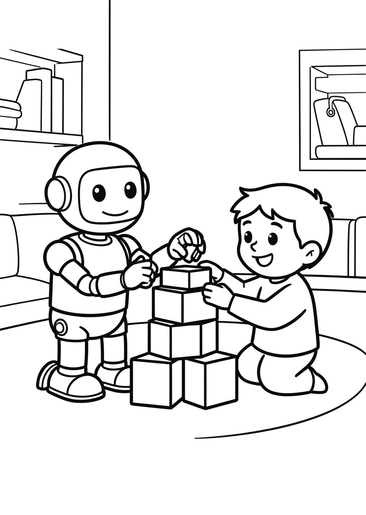 Ausmalbild Roboter und ein Kind bauen zusammen einen Turm - Ausmalbild aus der Kategorie Berufe - kostenlos ausdrucken