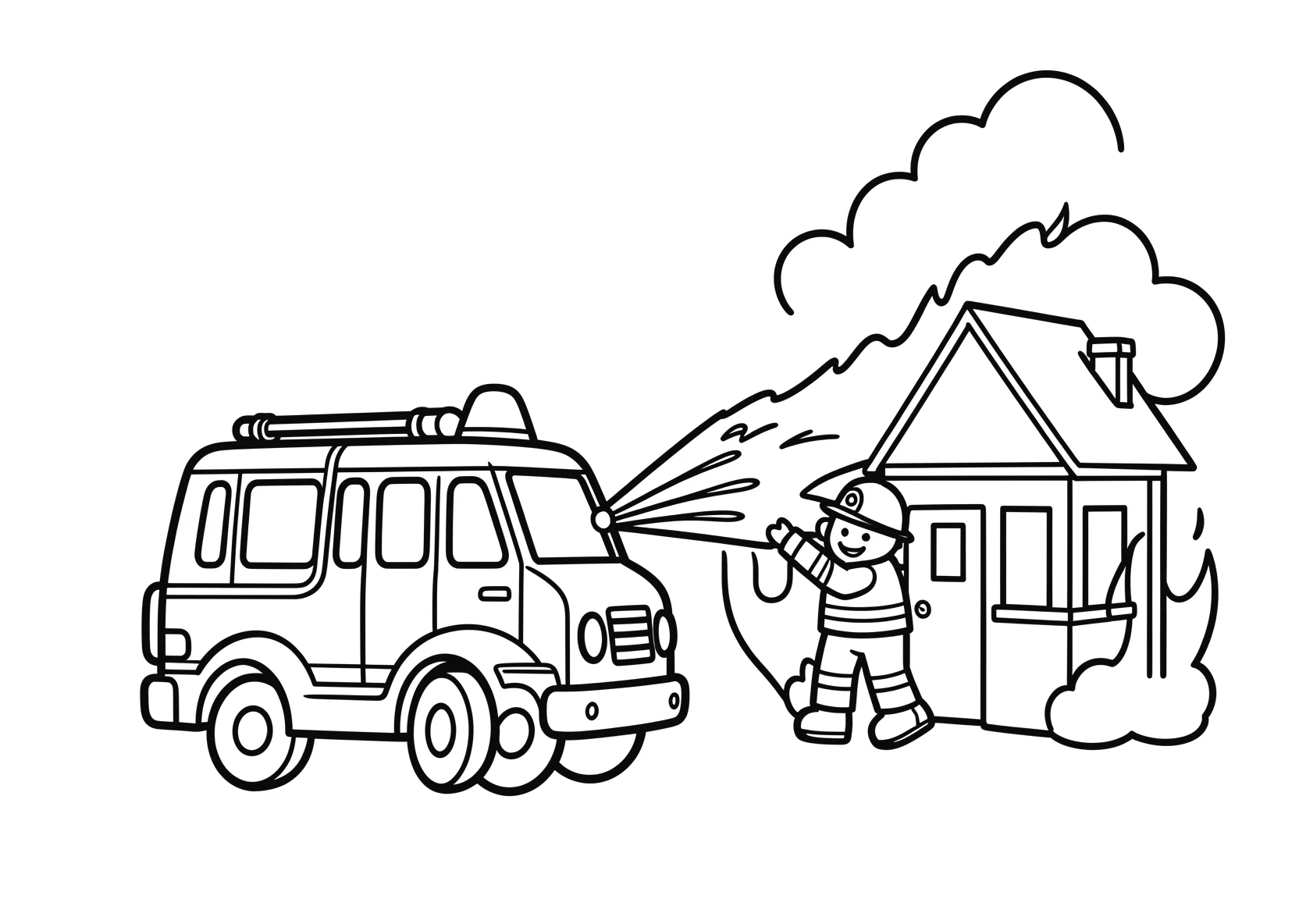 Ausmalbild Feuerwehrauto mit Feuerwehrmann löscht ein Feuer - Ausmalbild aus der Kategorie Fahrzeuge - kostenlos ausdrucken