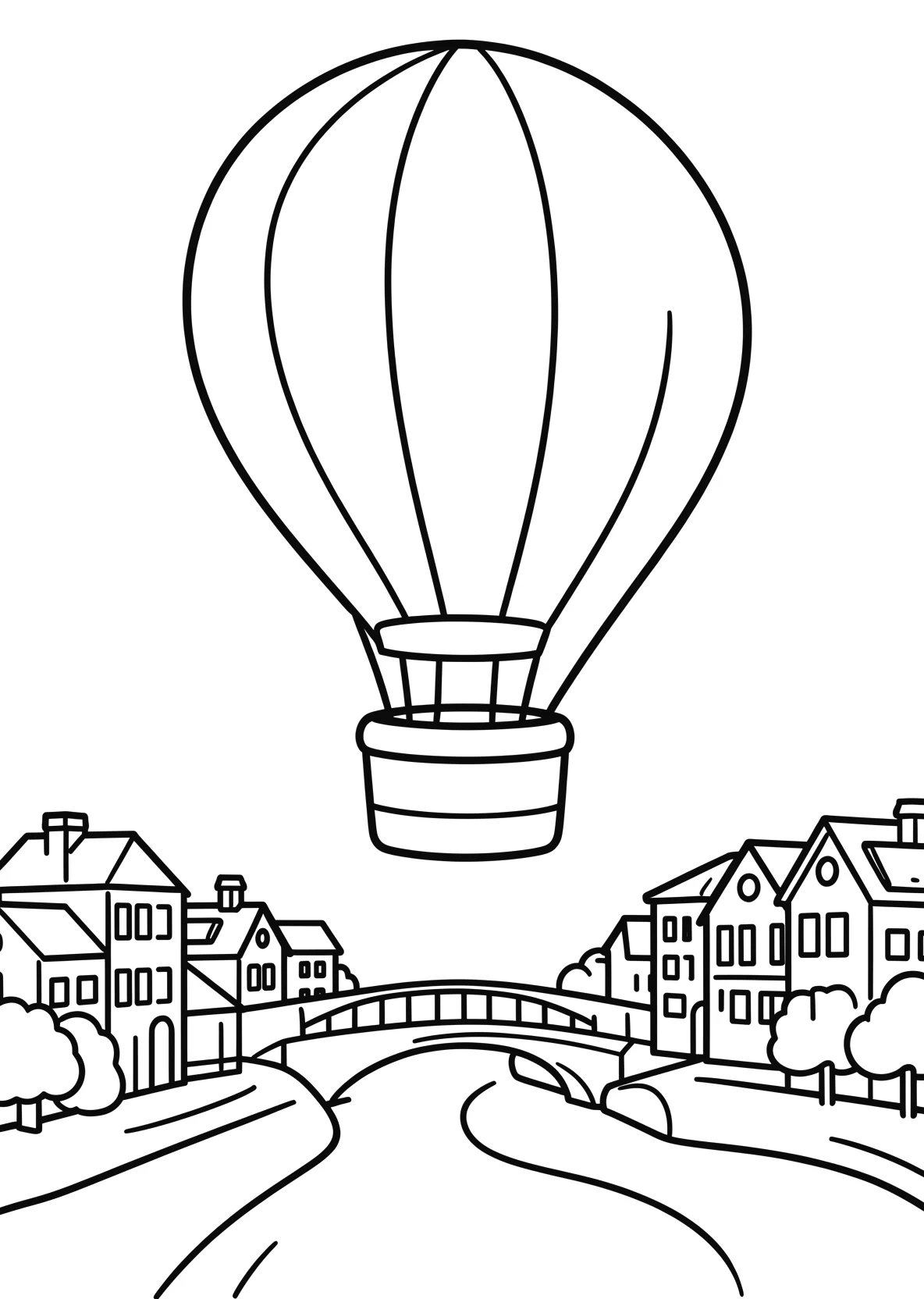 Ausmalbild Heißluftballon fliegt über eine Stadt mit Häusern - Ausmalbild aus der Kategorie Fahrzeuge - kostenlos ausdrucken