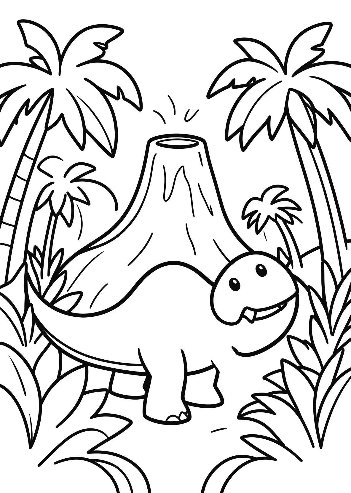 Ausmalbild Dinosaurier im Dschungel mit Vulkan - Ausmalbild aus der Kategorie Tiere - kostenlos ausdrucken