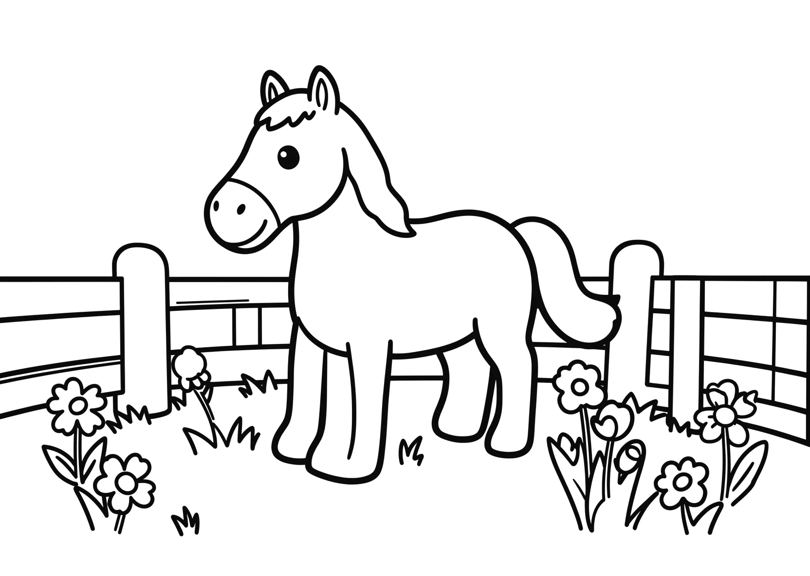 Ausmalbild Pferd auf einer Wiese mit Zaun und Blumen - Ausmalbild aus der Kategorie Tiere - kostenlos ausdrucken