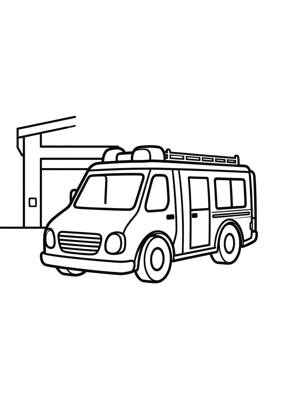 Ausmalbild Feuerwehrauto vor einer Feuerwehrstation - Ausmalbild aus der Kategorie Fahrzeuge - kostenlos ausdrucken