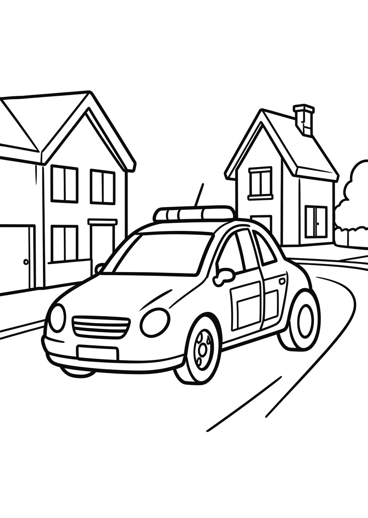Ausmalbild Polizeiauto auf einer Straße mit Häusern - Ausmalbild aus der Kategorie Fahrzeuge - kostenlos ausdrucken