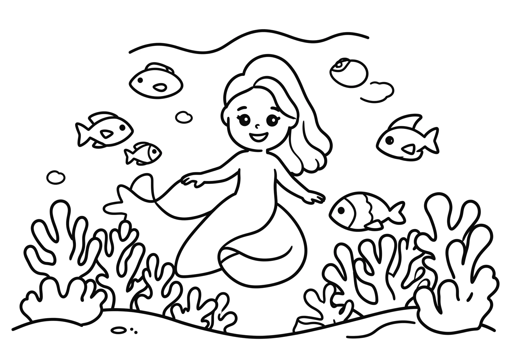 Ausmalbild Meerjungfrau im Meer mit Korallen und Fischen - Ausmalbild aus der Kategorie Maerchen - kostenlos ausdrucken