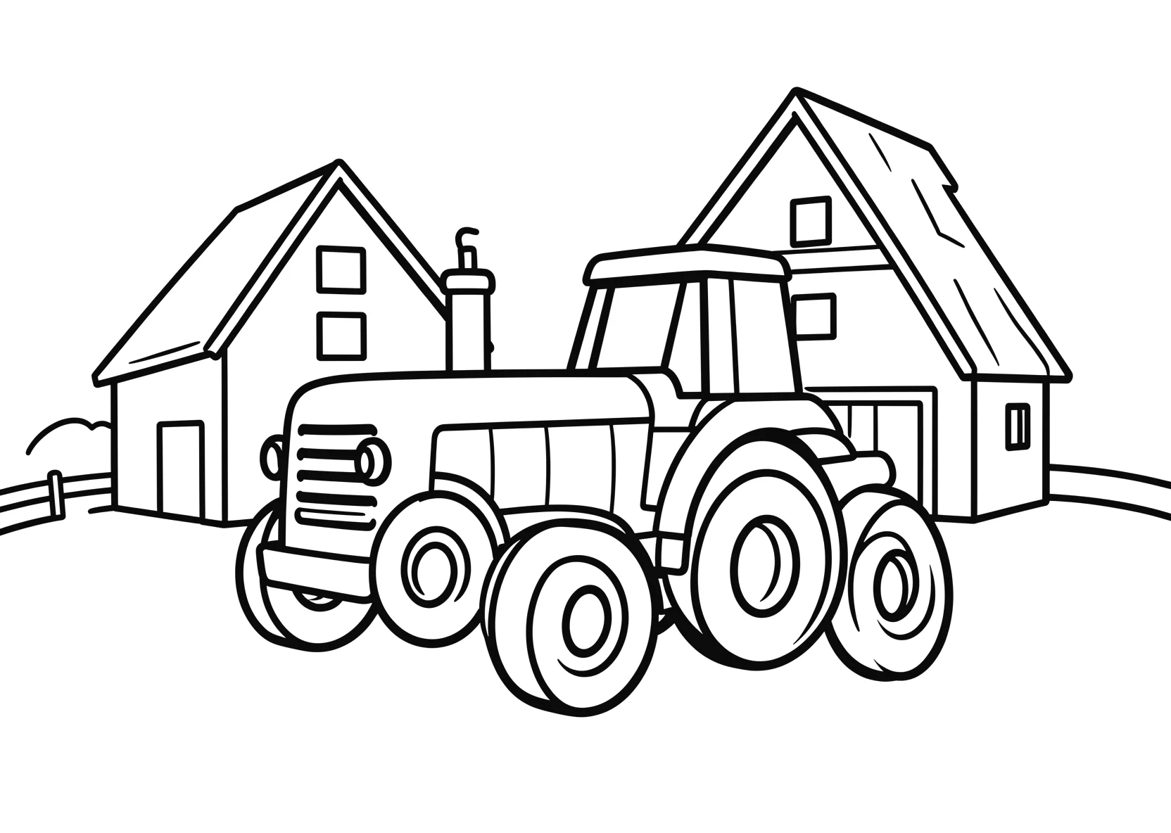 Ausmalbild Traktor auf einem Bauernhof mit Scheune - Ausmalbild aus der Kategorie Tiere - kostenlos ausdrucken
