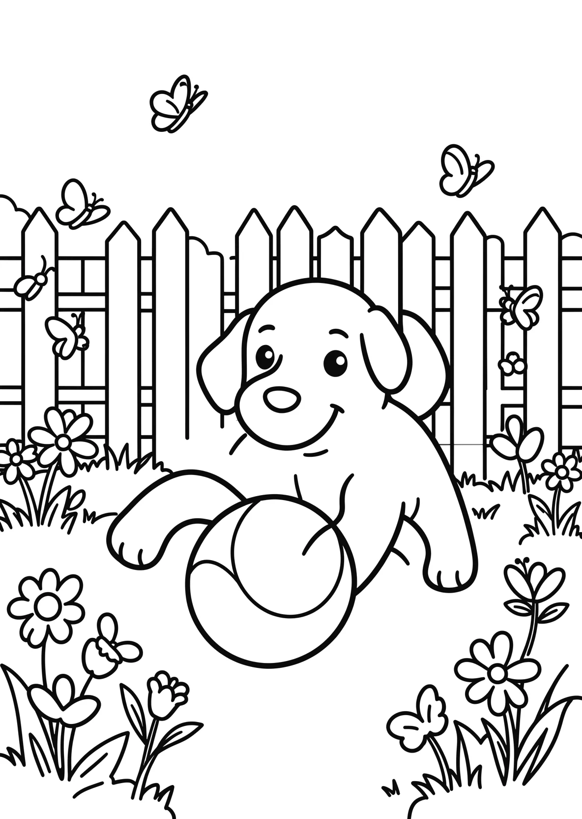 Ausmalbild Hund spielt mit einem Ball in einem Garten mit - Ausmalbild aus der Kategorie Tiere - kostenlos ausdrucken