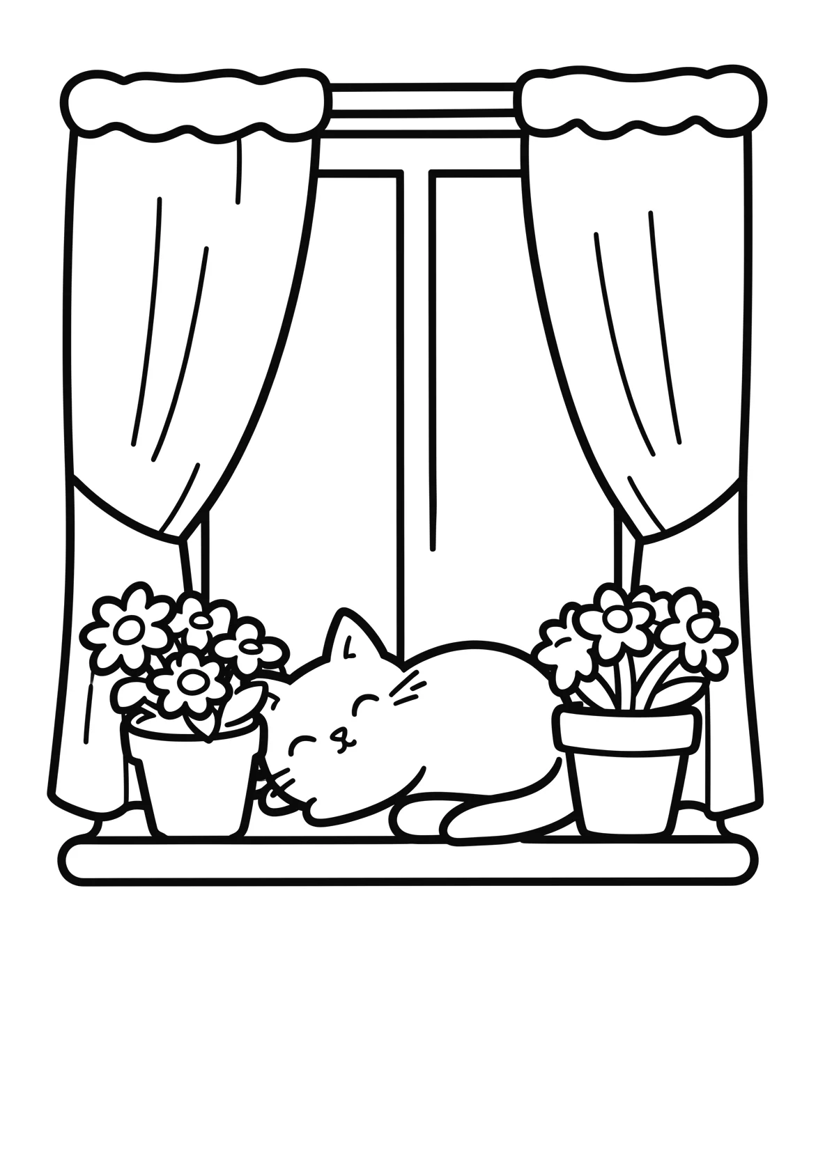 Ausmalbild Katze schläft auf einem Fensterbrett mit - Ausmalbild aus der Kategorie Tiere - kostenlos ausdrucken