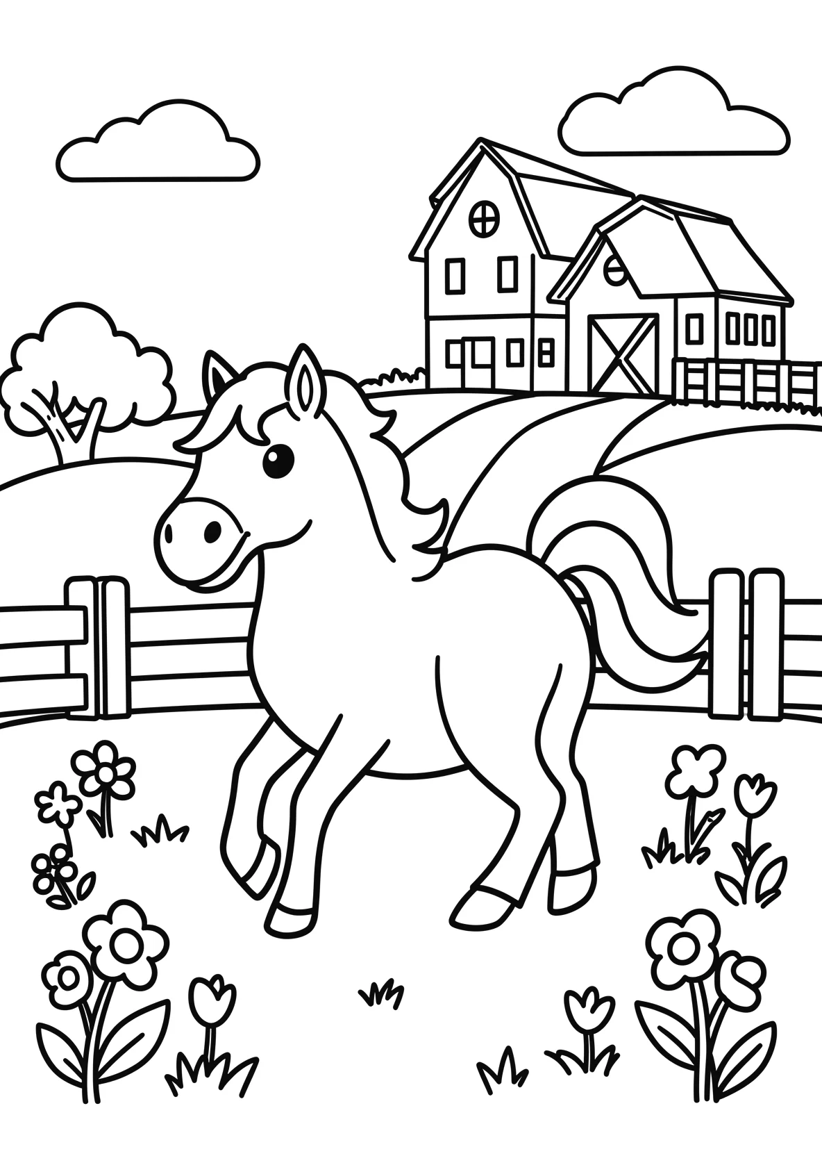 Ausmalbild Pferd läuft über eine Wiese mit Zaun - Ausmalbild aus der Kategorie Tiere - kostenlos ausdrucken