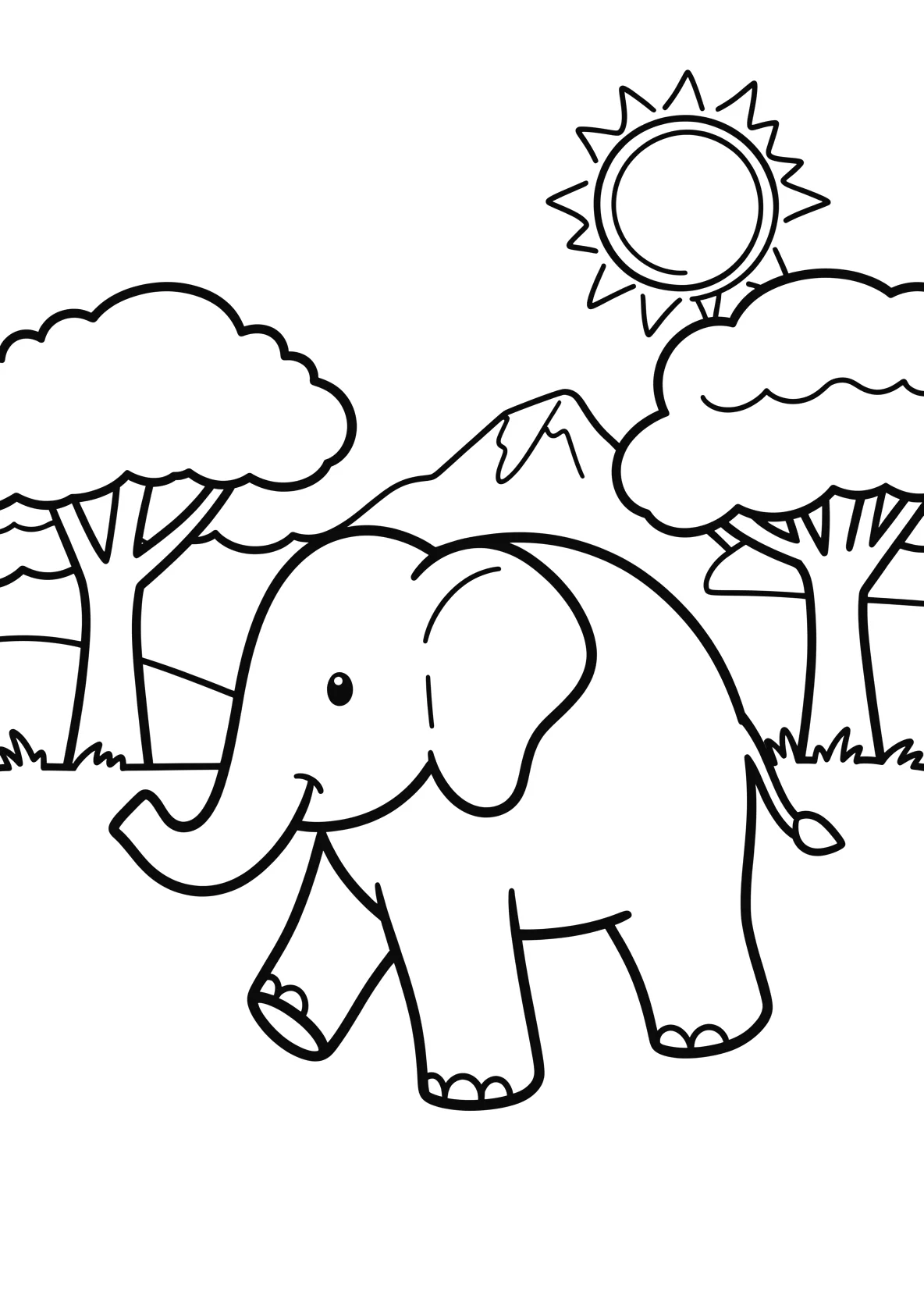 Ausmalbild Elefant läuft durch die Savanne mit Bäumen - Ausmalbild aus der Kategorie Tiere - kostenlos ausdrucken