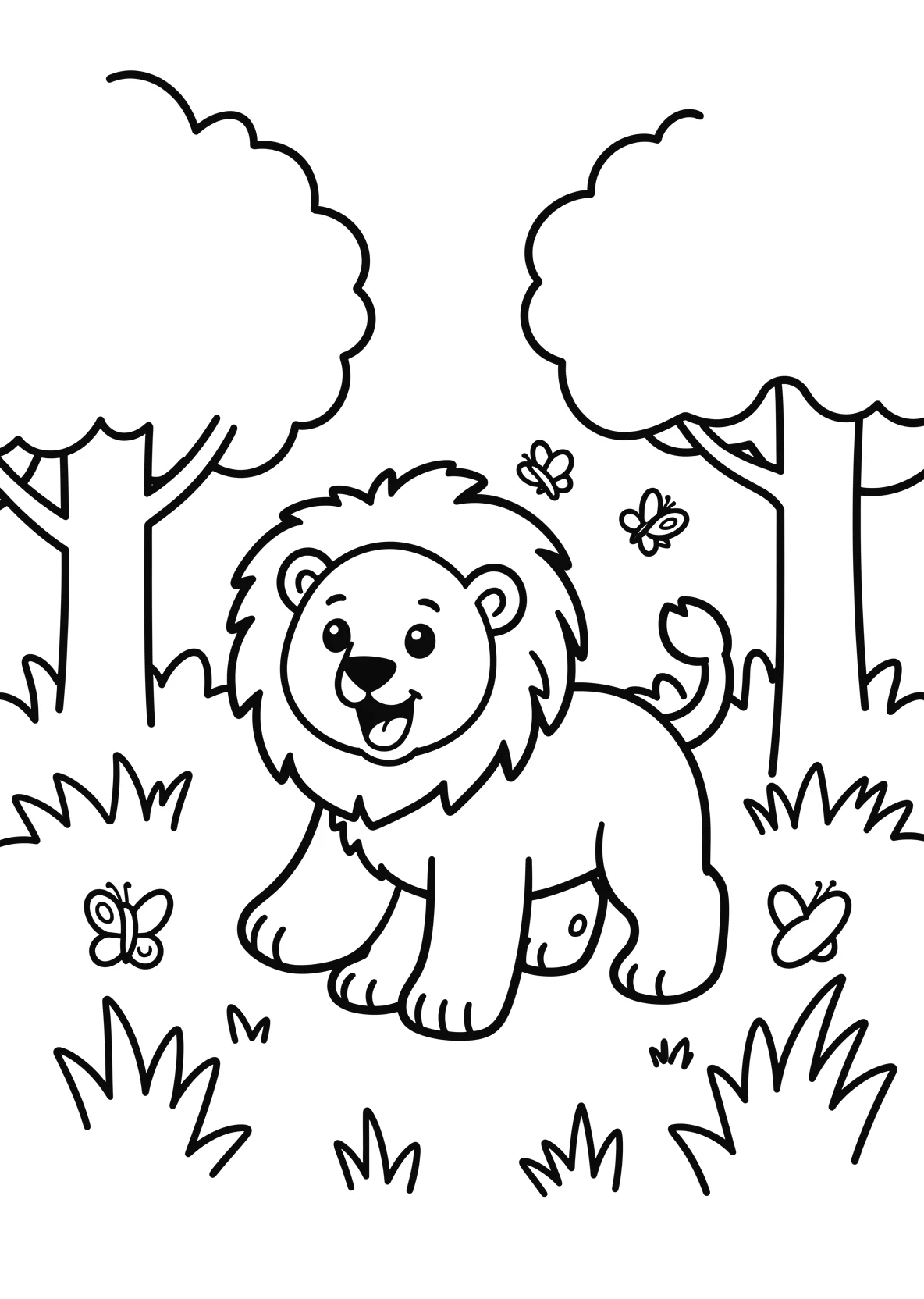 Ausmalbild Löwenjunges spielt im Gras mit Schmetterlingen - Ausmalbild aus der Kategorie Tiere - kostenlos ausdrucken