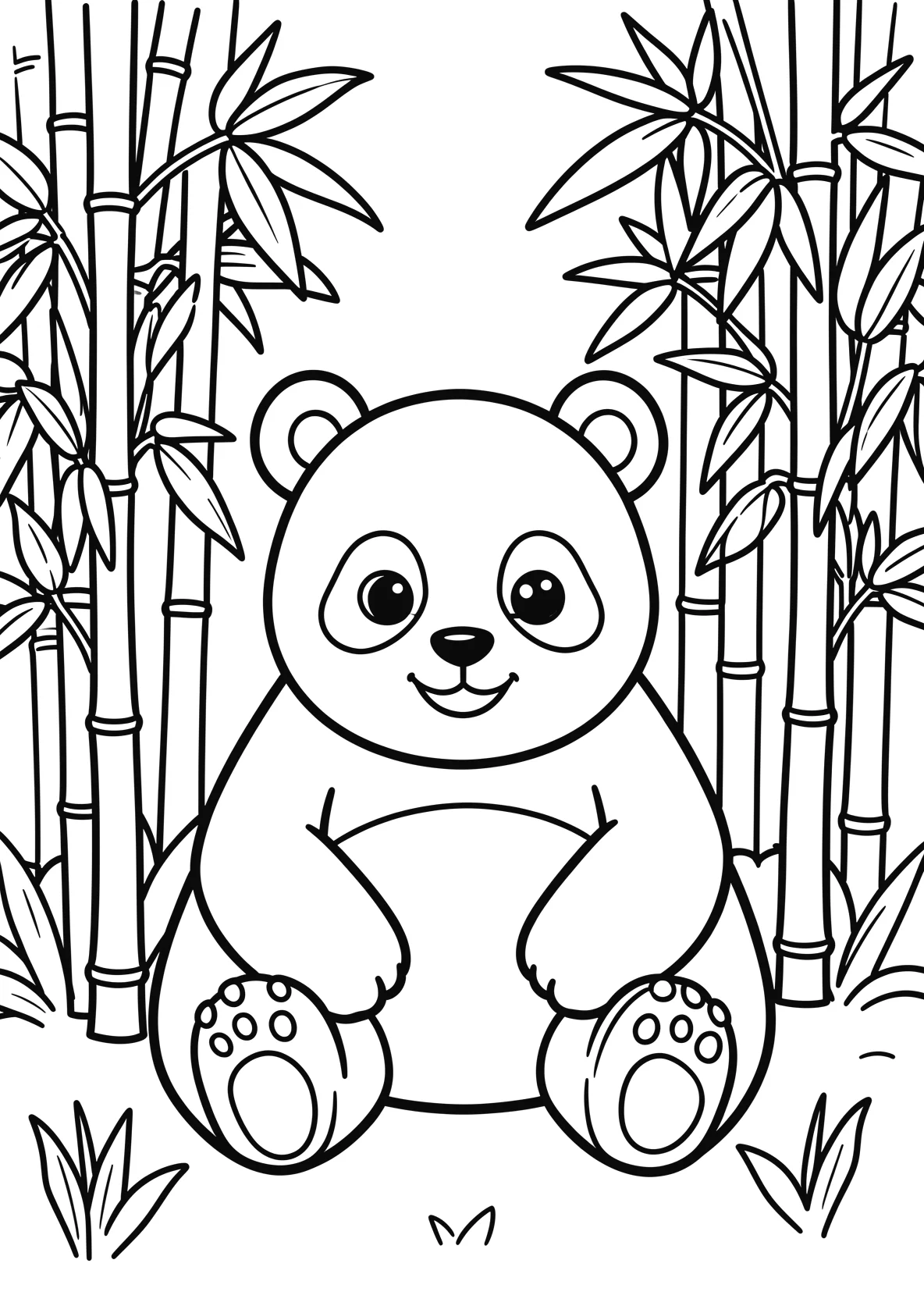 Ausmalbild Panda sitzt im Bambuswald mit vielen - Ausmalbild aus der Kategorie Tiere - kostenlos ausdrucken