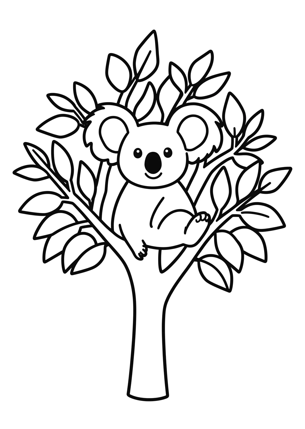 Ausmalbild Koala sitzt auf einem Eukalyptusbaum mit Blättern - Ausmalbild aus der Kategorie Tiere - kostenlos ausdrucken