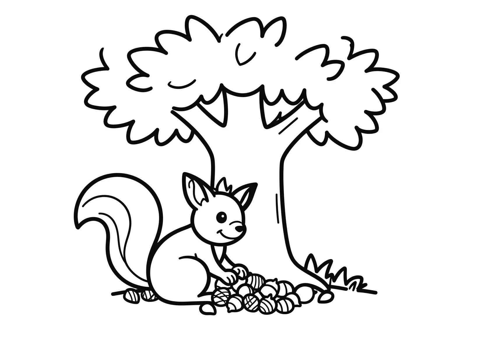 Ausmalbild Eichhörnchen sammelt Nüsse unter einem großen - Ausmalbild aus der Kategorie Natur - kostenlos ausdrucken