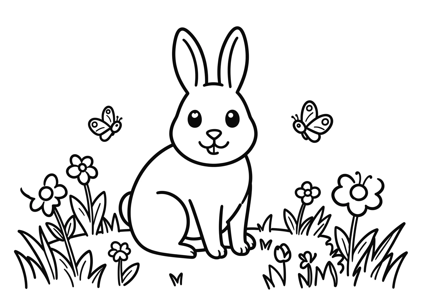 Ausmalbild Hase sitzt auf einer Wiese mit Blumen - Ausmalbild aus der Kategorie Tiere - kostenlos ausdrucken