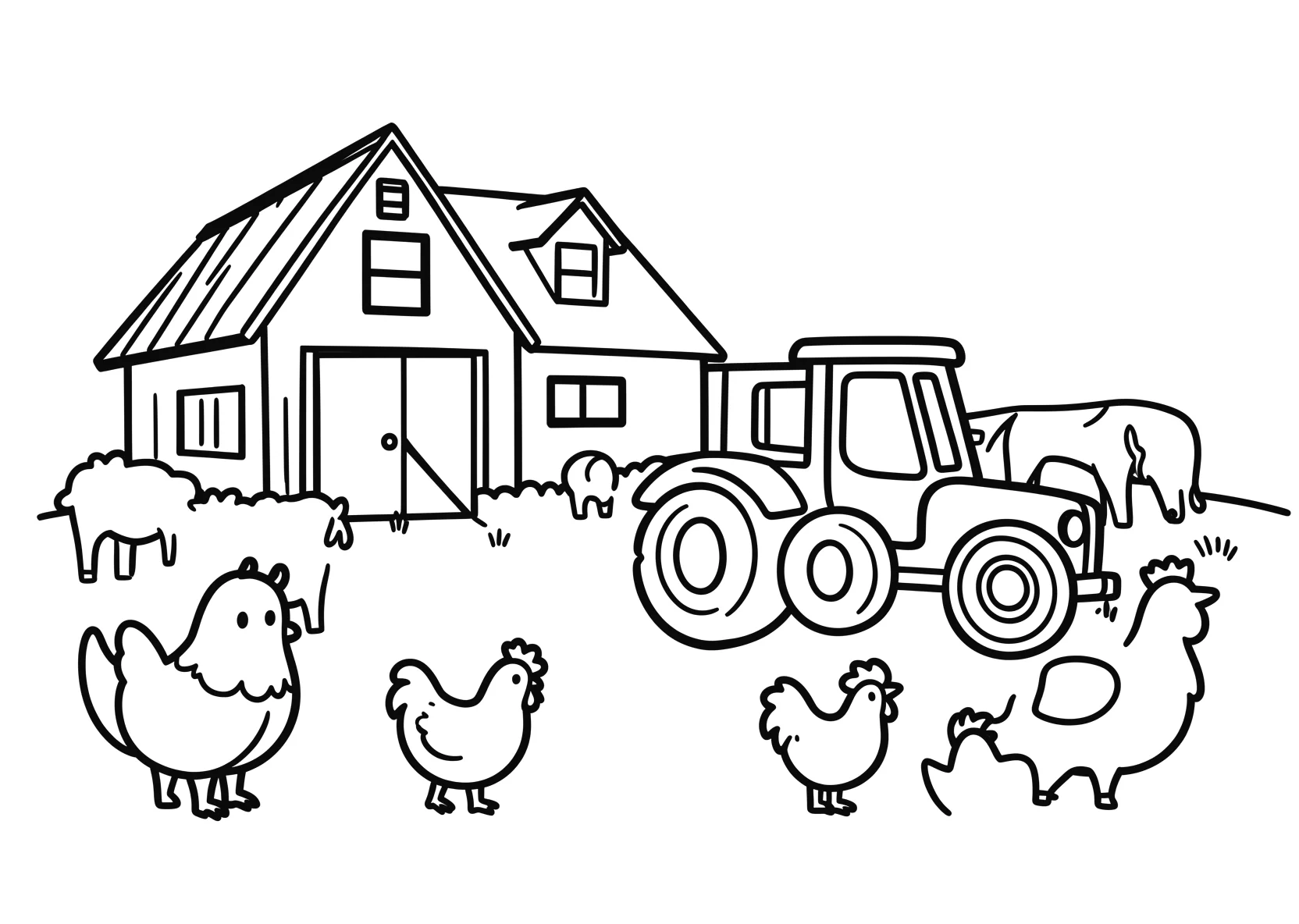 Ausmalbild Bauernhof mit Scheune - Ausmalbild aus der Kategorie Tiere - kostenlos ausdrucken