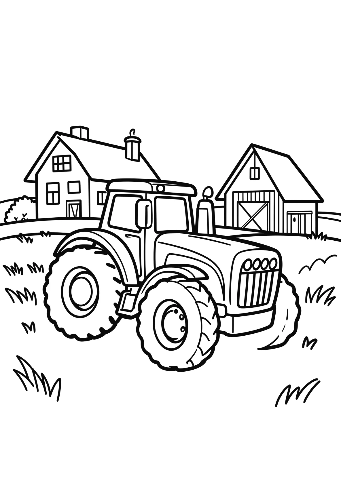 Ausmalbild Traktor fährt über ein Feld mit Bauernhaus - Ausmalbild aus der Kategorie Fahrzeuge - kostenlos ausdrucken