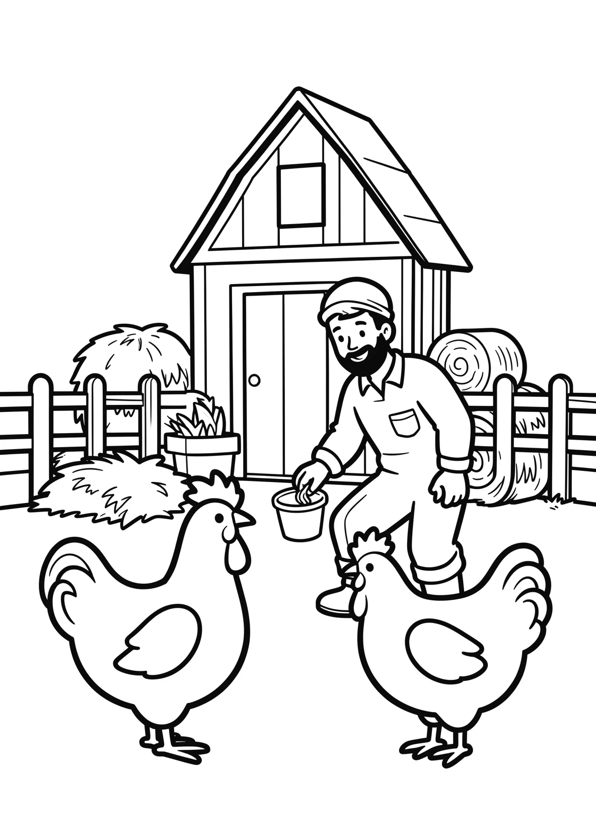 Ausmalbild Bauer füttert Hühner vor einer Scheune mit Zaun - Ausmalbild aus der Kategorie Tiere - kostenlos ausdrucken
