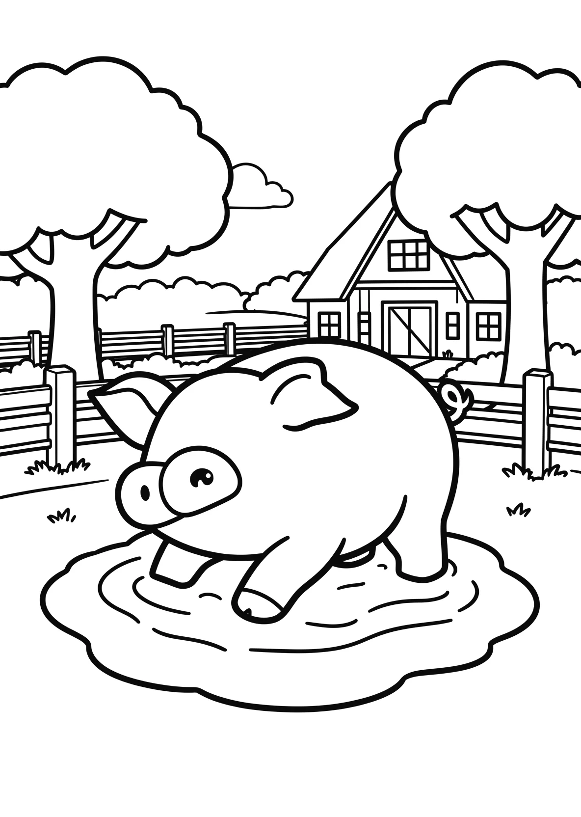 Ausmalbild Schwein spielt im Schlamm mit Zaun - Ausmalbild aus der Kategorie Tiere - kostenlos ausdrucken