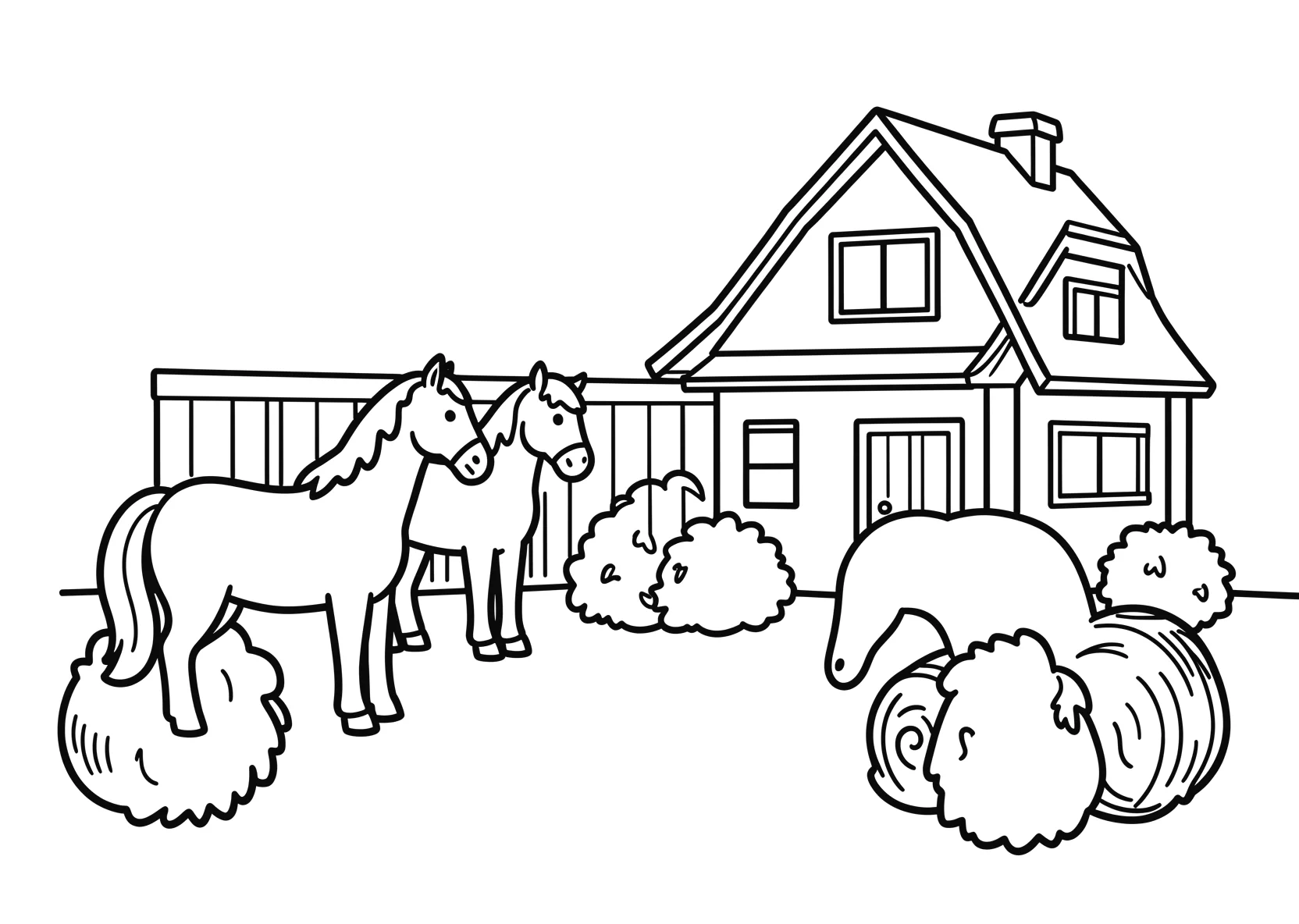 Ausmalbild Pferdestall mit Pferden - Ausmalbild aus der Kategorie Tiere - kostenlos ausdrucken