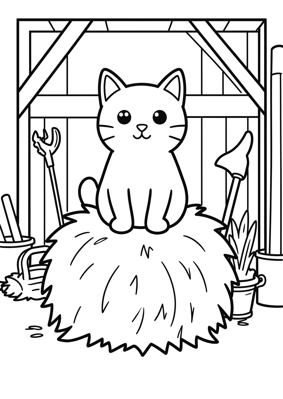 Ausmalbild Katze sitzt auf einem Heuballen in einer Scheune - Ausmalbild aus der Kategorie Tiere - kostenlos ausdrucken