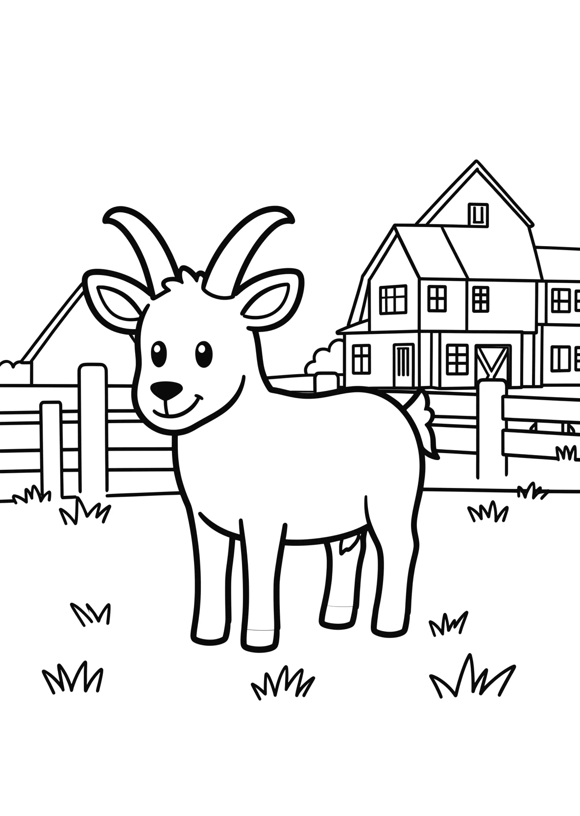 Ausmalbild Ziege steht auf einer Wiese mit Bauernhof - Ausmalbild aus der Kategorie Tiere - kostenlos ausdrucken