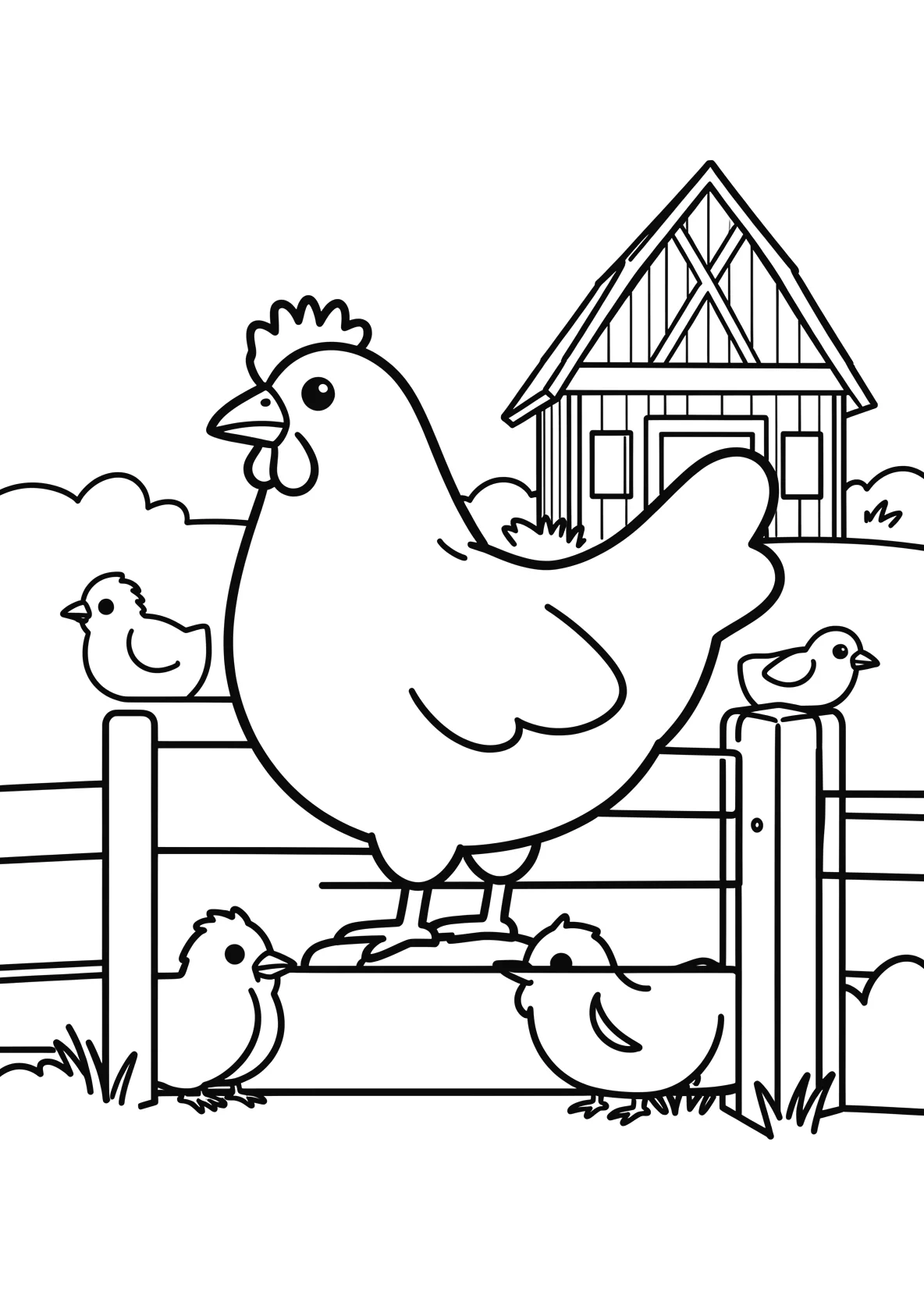 Ausmalbild Huhn sitzt auf einem Zaun mit Küken - Ausmalbild aus der Kategorie Tiere - kostenlos ausdrucken
