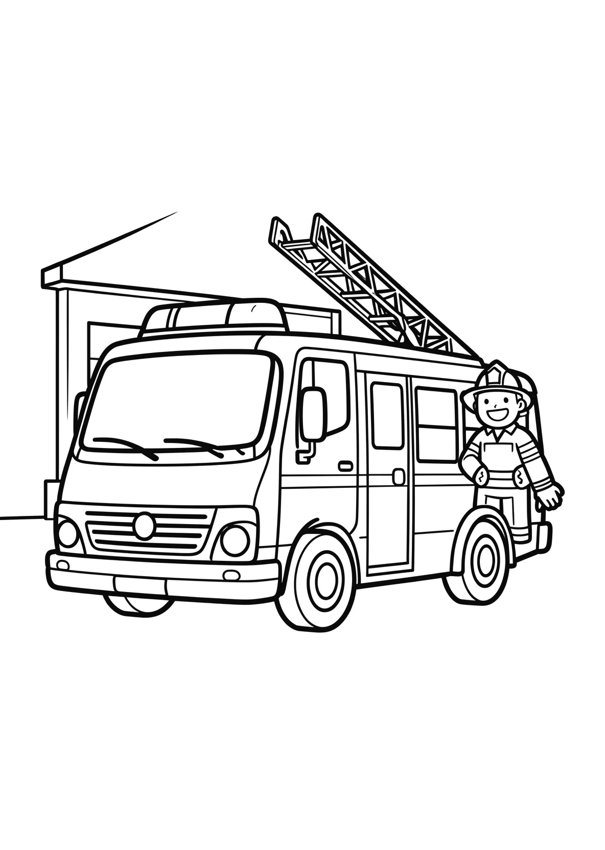 Ausmalbild Feuerwehrauto vor einer Feuerwehrstation mit - Ausmalbild aus der Kategorie Fahrzeuge - kostenlos ausdrucken