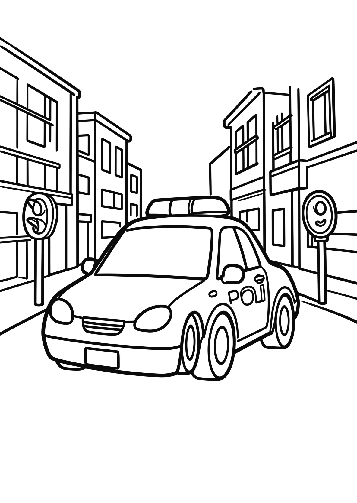 Ausmalbild Polizeiauto fährt durch eine Stadtstraße mit - Ausmalbild aus der Kategorie Fahrzeuge - kostenlos ausdrucken