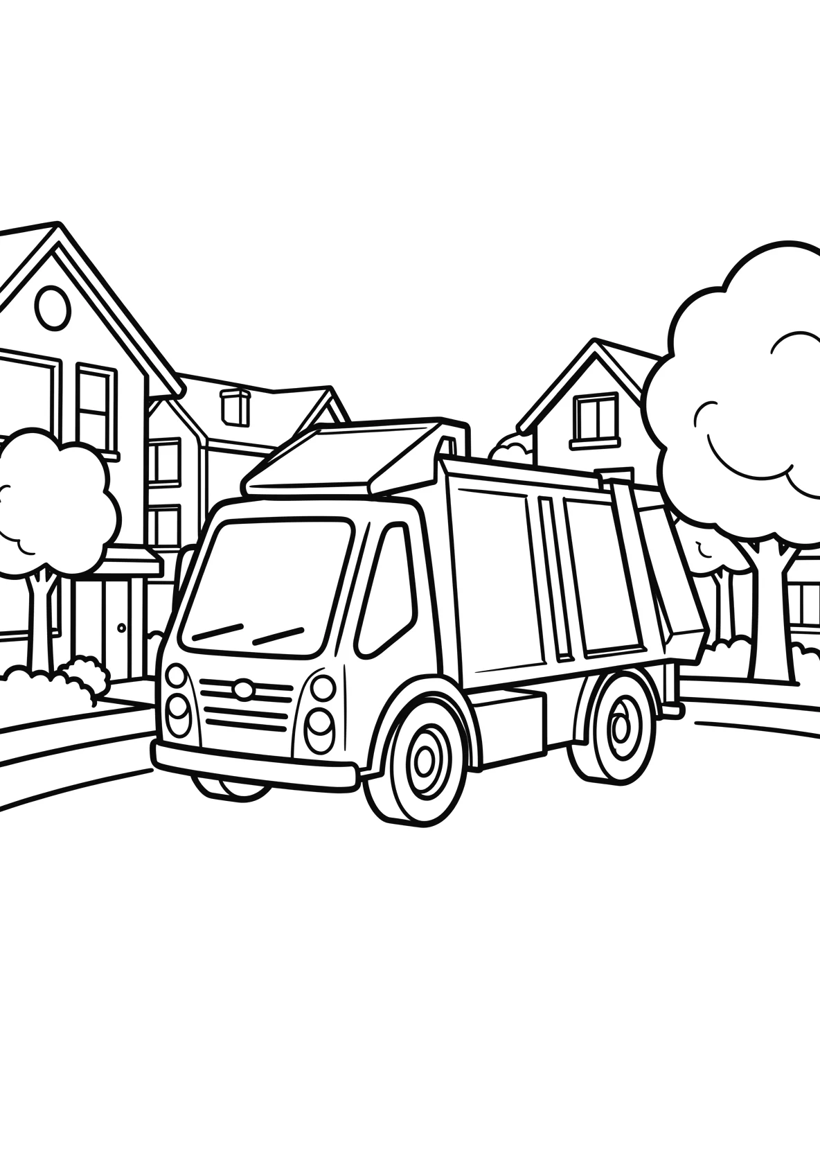 Ausmalbild Großer Müllwagen fährt durch eine Straße mit - Ausmalbild aus der Kategorie Fahrzeuge - kostenlos ausdrucken