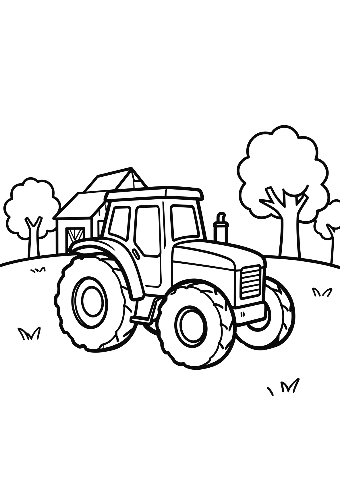 Ausmalbild Traktor fährt über ein Feld mit Scheune - Ausmalbild aus der Kategorie Fahrzeuge - kostenlos ausdrucken