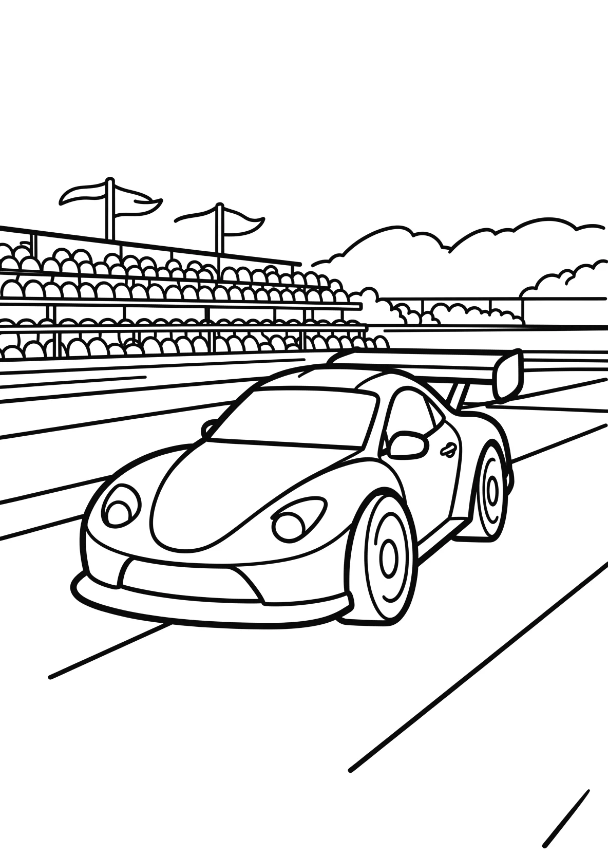 Ausmalbild Rennwagen fährt über eine Rennstrecke mit Tribüne - Ausmalbild aus der Kategorie Fahrzeuge - kostenlos ausdrucken