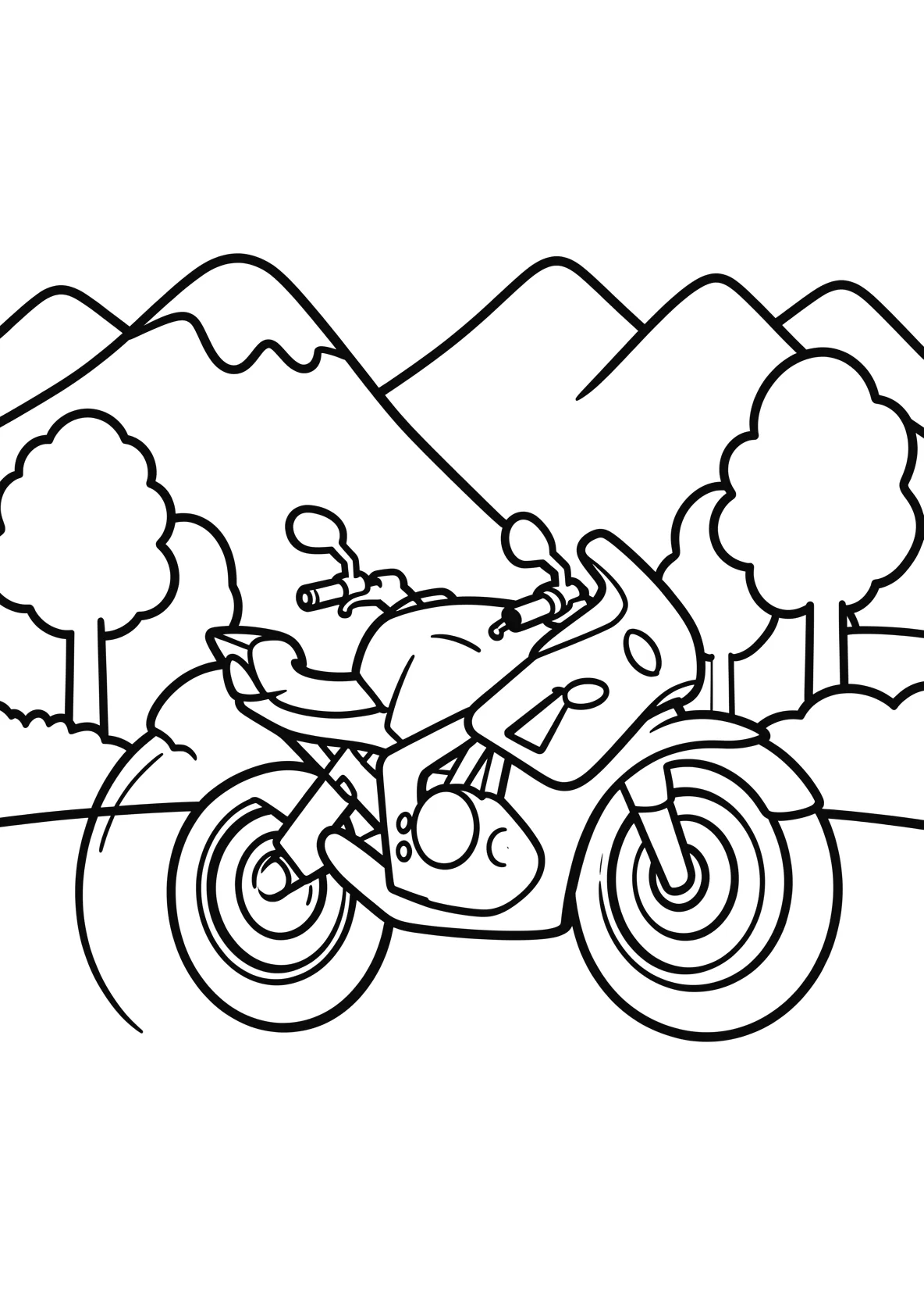 Ausmalbild Motorrad steht auf einer Straße mit Bergen - Ausmalbild aus der Kategorie Fahrzeuge - kostenlos ausdrucken
