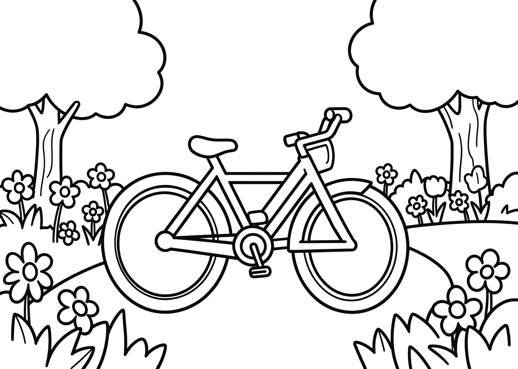 Ausmalbild Fahrrad steht in einem Park mit Blumen - Ausmalbild aus der Kategorie Fahrzeuge - kostenlos ausdrucken
