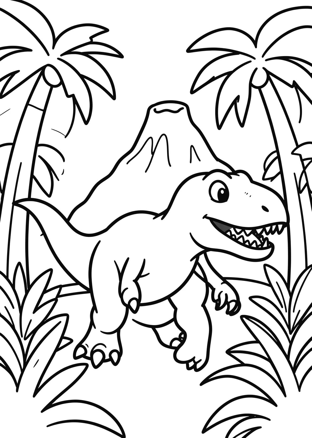Ausmalbild T-Rex läuft durch einen Dschungel mit Palmen - Ausmalbild aus der Kategorie Tiere - kostenlos ausdrucken