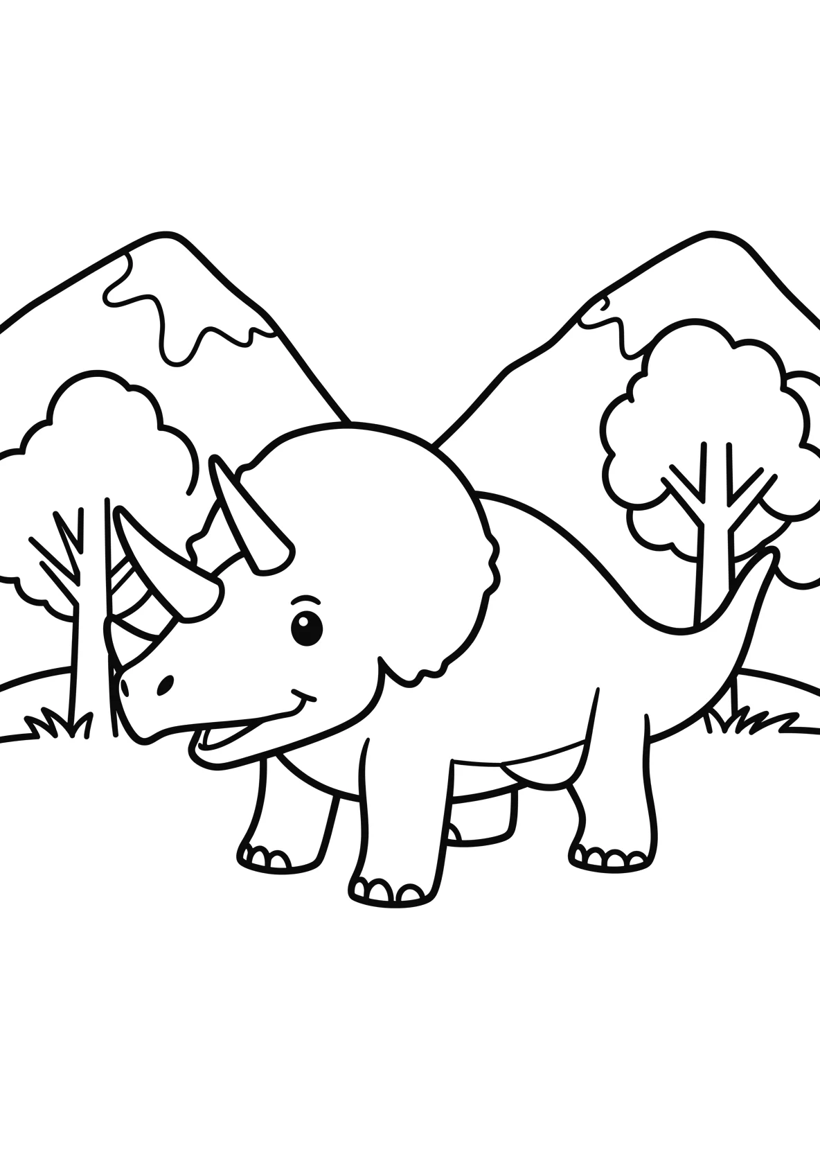 Ausmalbild Triceratops steht auf einer Wiese mit Bergen - Ausmalbild aus der Kategorie Tiere - kostenlos ausdrucken