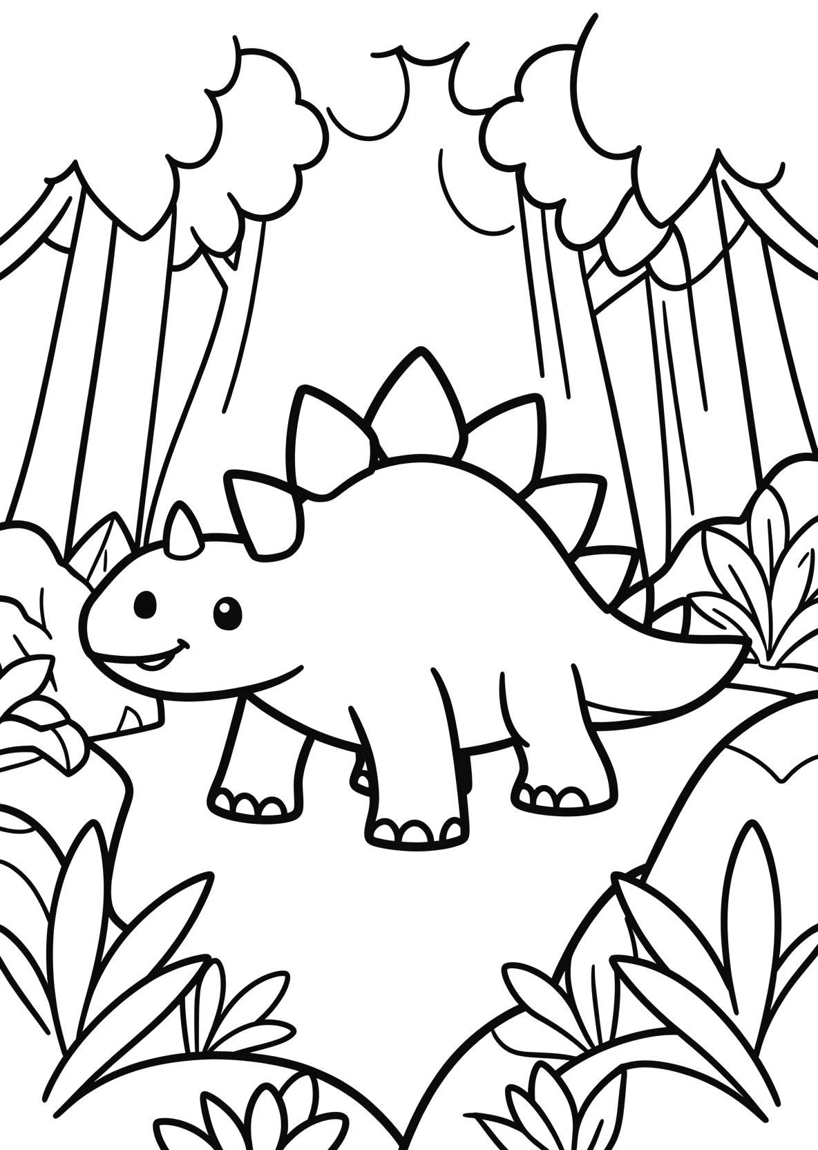 Ausmalbild Stegosaurus läuft durch einen Urwald mit Pflanzen - Ausmalbild aus der Kategorie Tiere - kostenlos ausdrucken