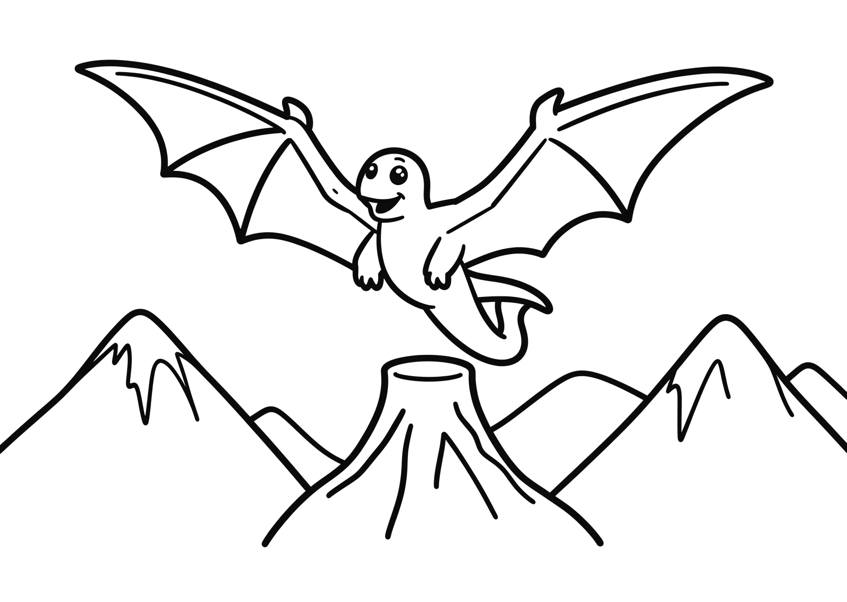 Ausmalbild Pterodaktylus fliegt über Berge - Ausmalbild aus der Kategorie Tiere - kostenlos ausdrucken