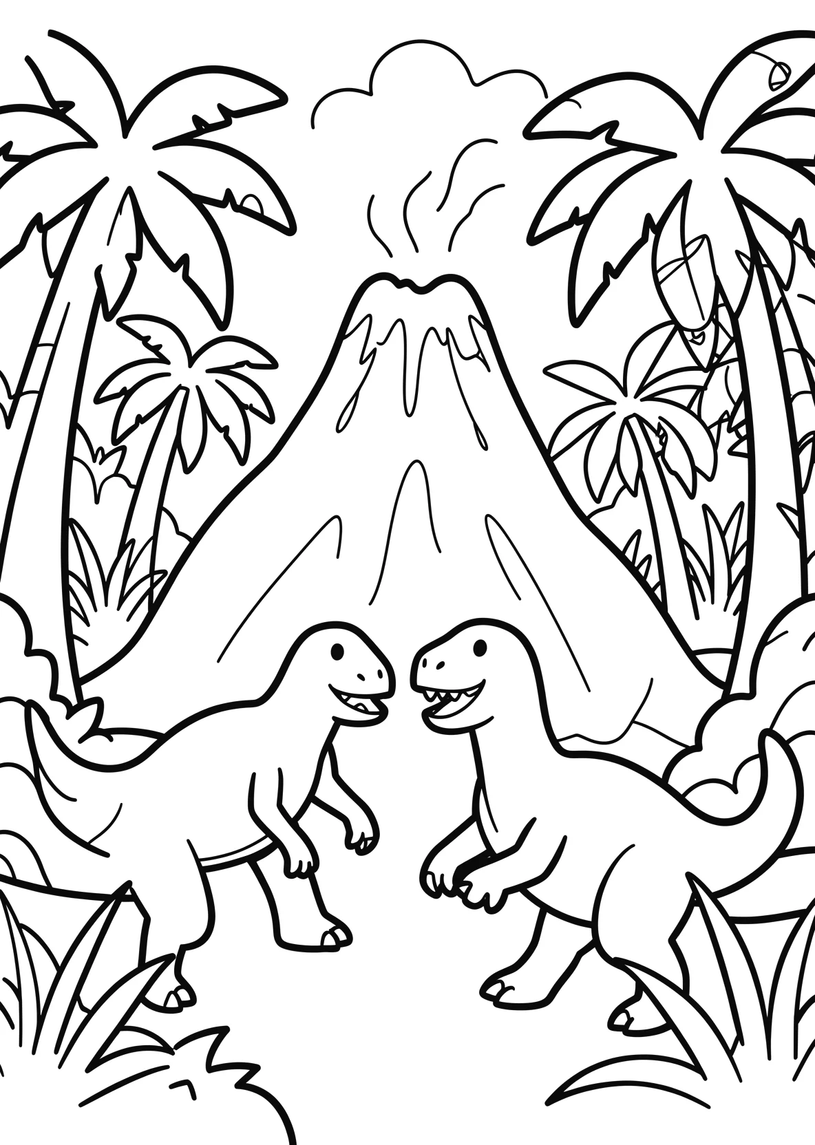 Ausmalbild Mehrere Dinosaurier laufen durch einen Urwald mit - Ausmalbild aus der Kategorie Tiere - kostenlos ausdrucken