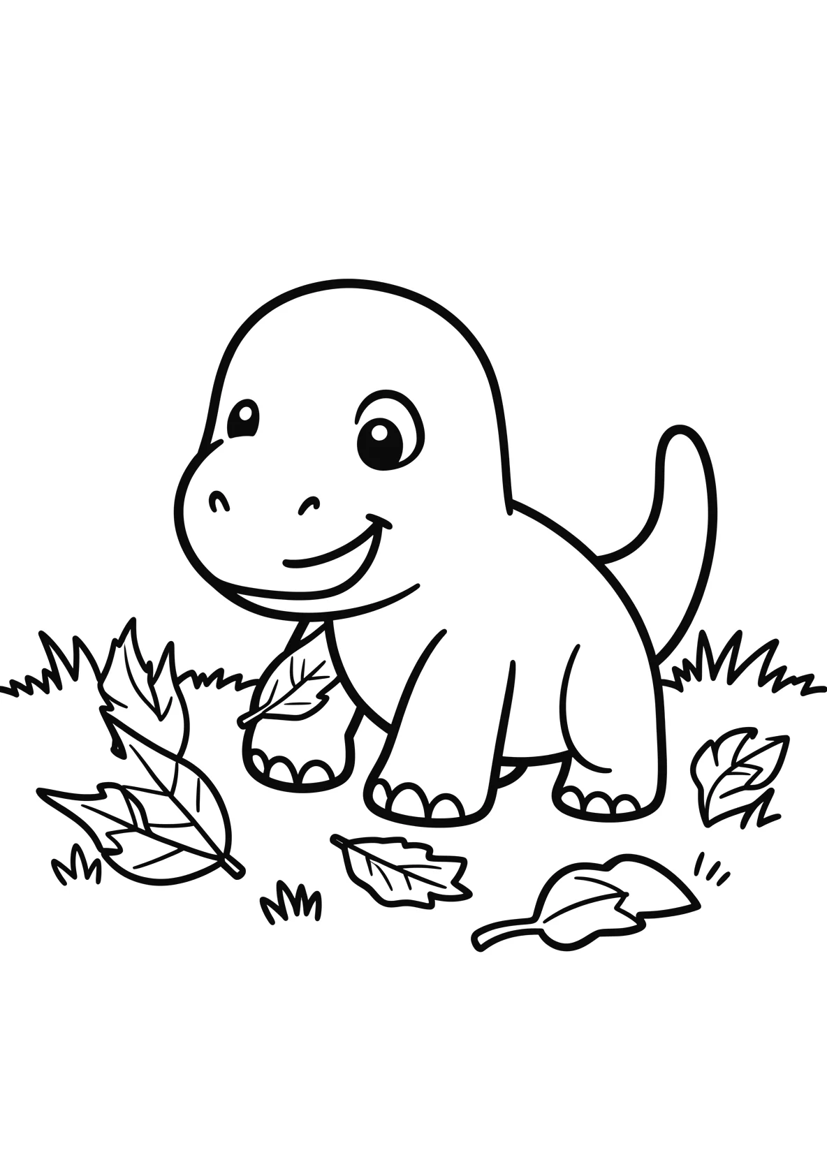 Ausmalbild Dino-Baby spielt mit Blättern auf einer Wiese - Ausmalbild aus der Kategorie Tiere - kostenlos ausdrucken