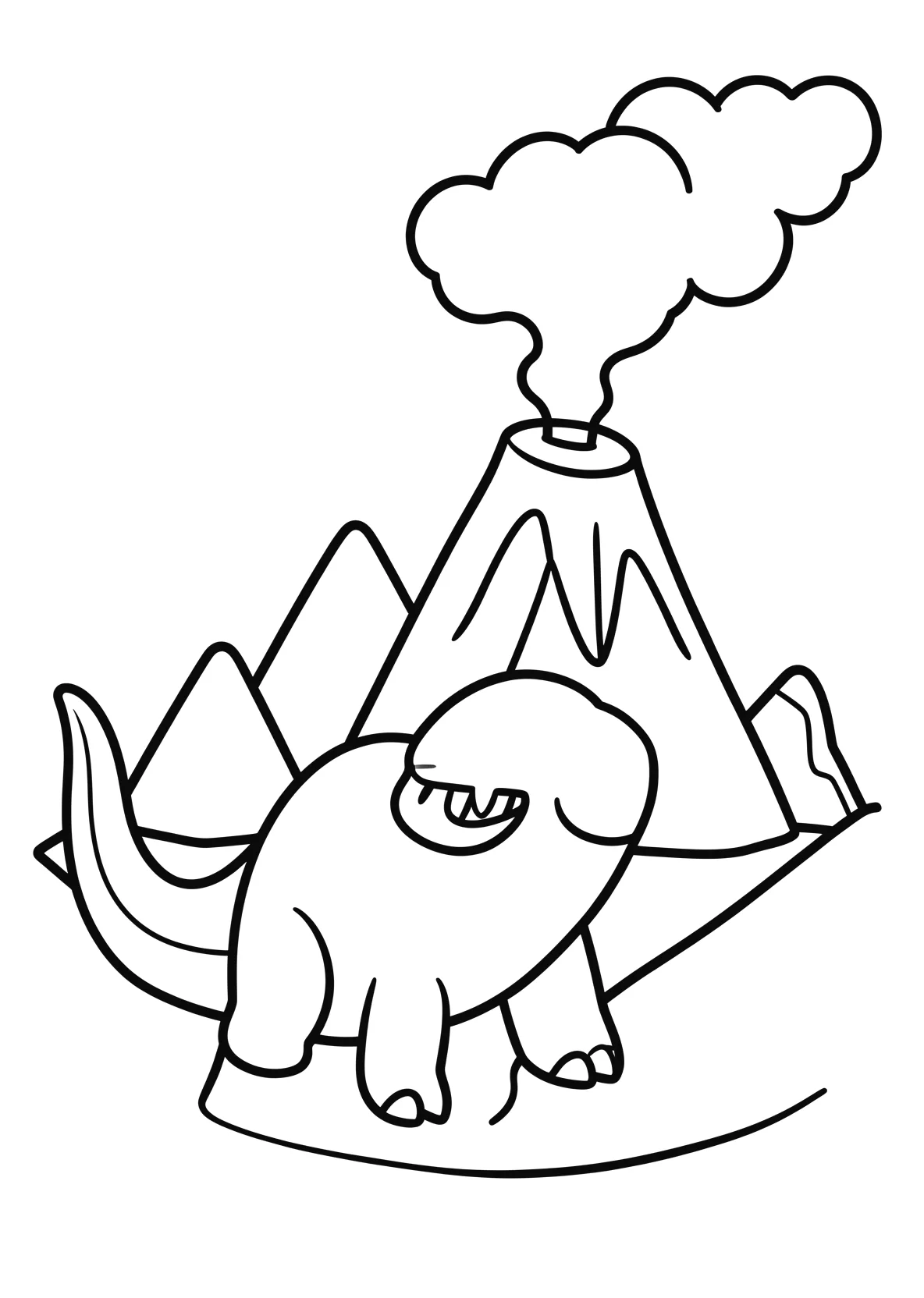 Ausmalbild Dinosaurier steht vor einem Vulkan mit Rauch - Ausmalbild aus der Kategorie Tiere - kostenlos ausdrucken