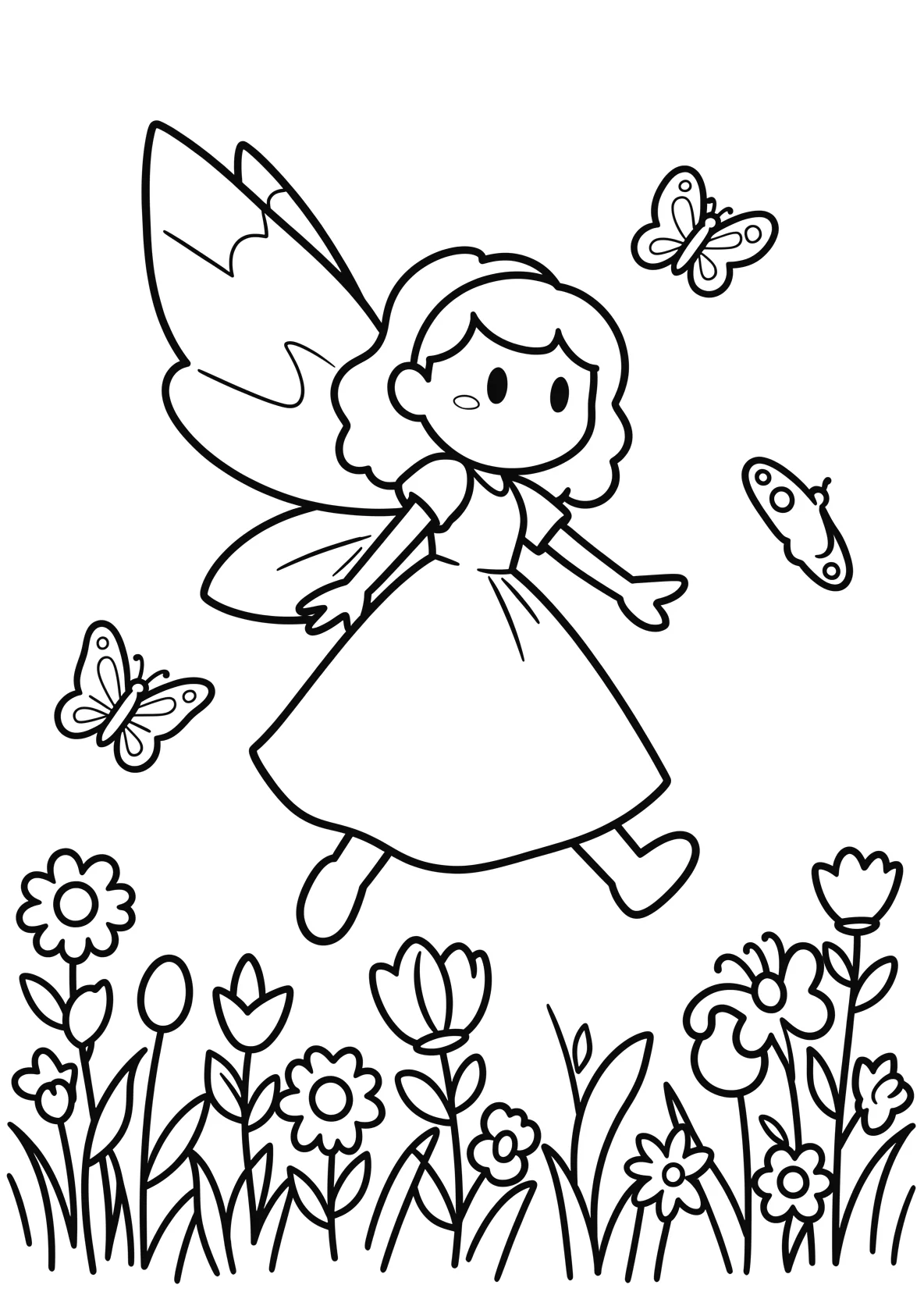 Ausmalbild Fee fliegt über eine Blumenwiese mit - Ausmalbild aus der Kategorie Maerchen - kostenlos ausdrucken