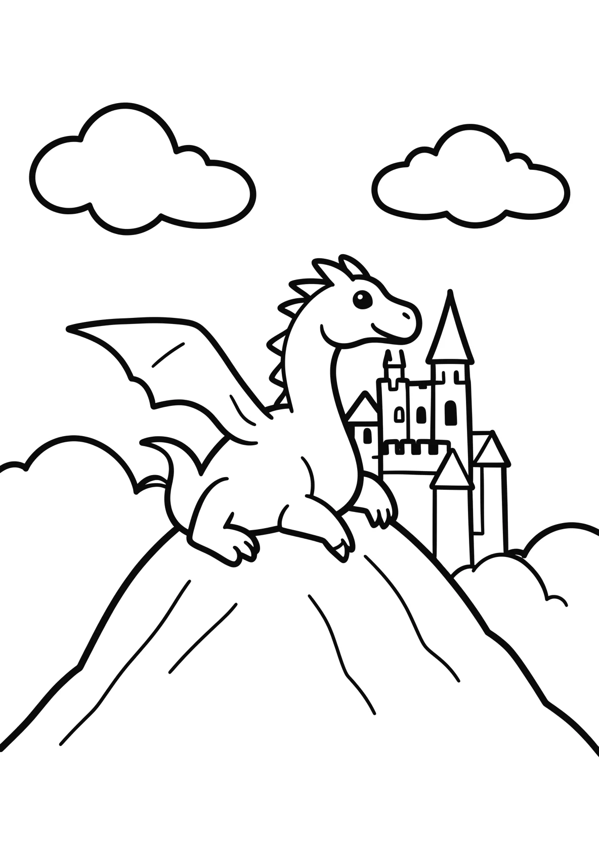 Ausmalbild Drache sitzt auf einem Berg vor einer Burg mit - Ausmalbild aus der Kategorie Maerchen - kostenlos ausdrucken