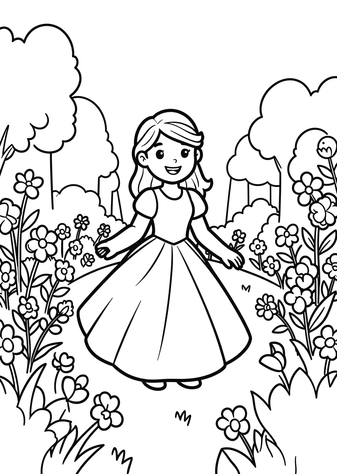 Ausmalbild Prinzessin läuft durch einen Schlossgarten mit - Ausmalbild aus der Kategorie Maerchen - kostenlos ausdrucken