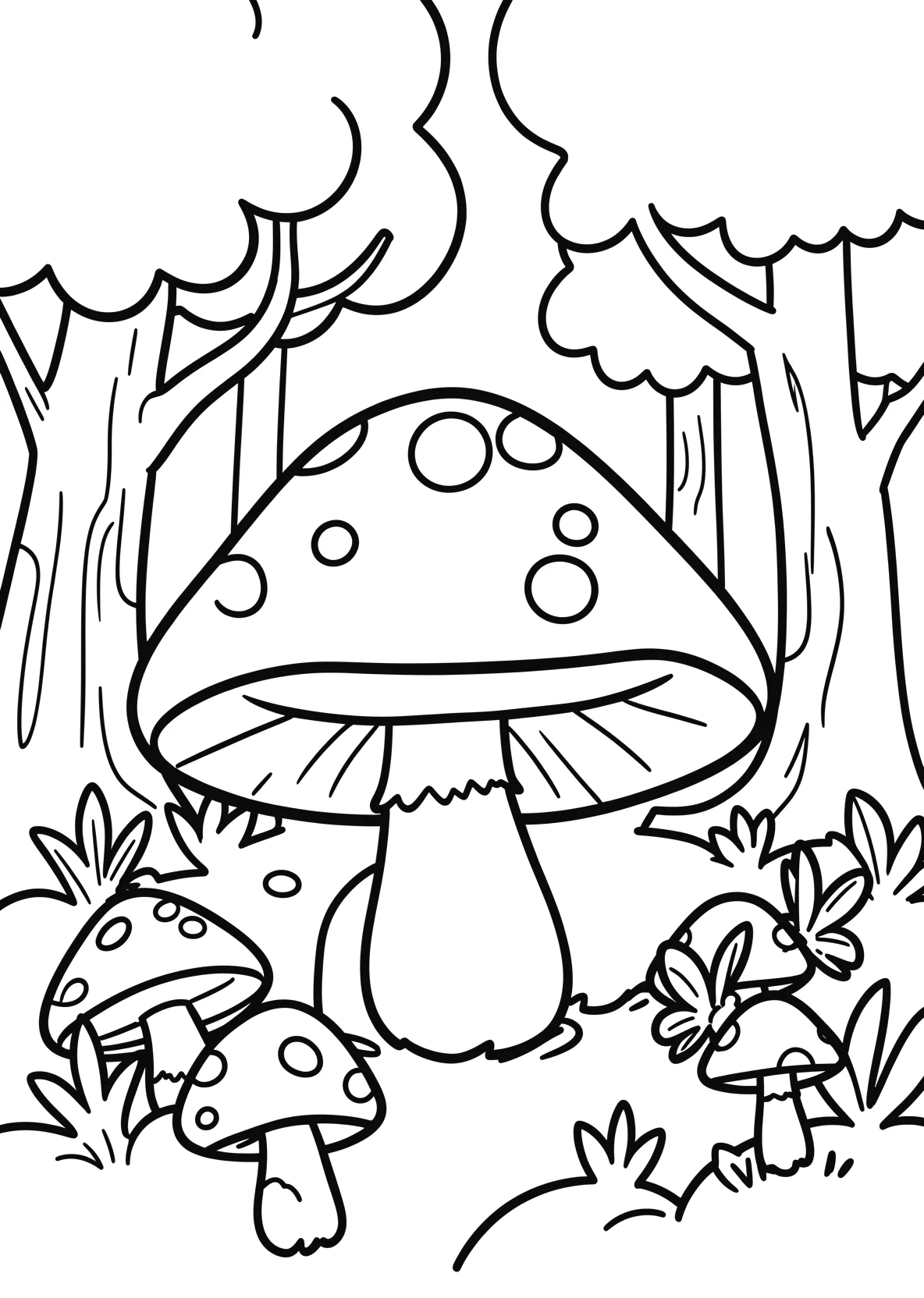 Ausmalbild Zauberwald mit Pilzen - Ausmalbild aus der Kategorie Maerchen - kostenlos ausdrucken