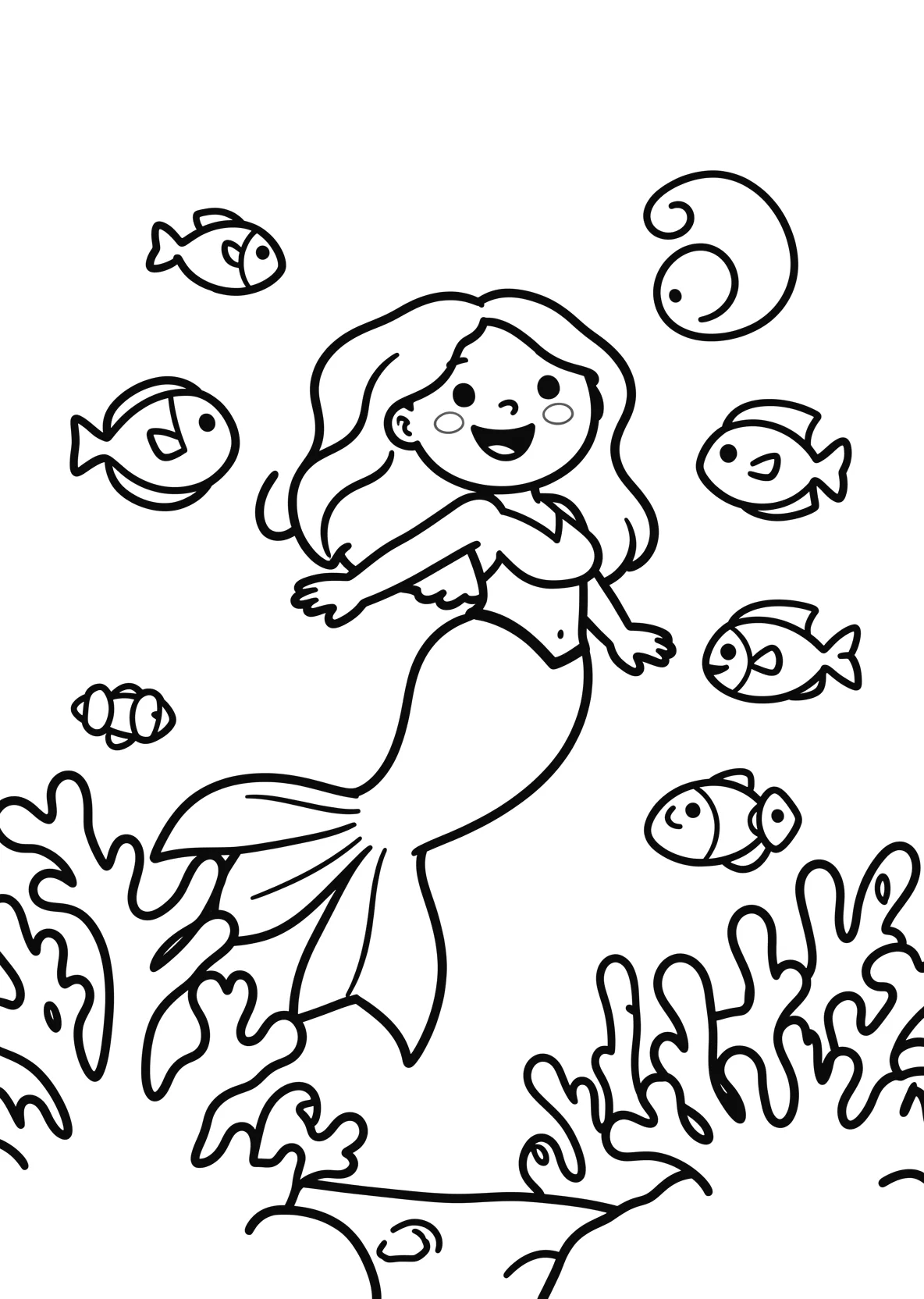 Ausmalbild Meerjungfrau schwimmt im Meer mit Korallen - Ausmalbild aus der Kategorie Maerchen - kostenlos ausdrucken