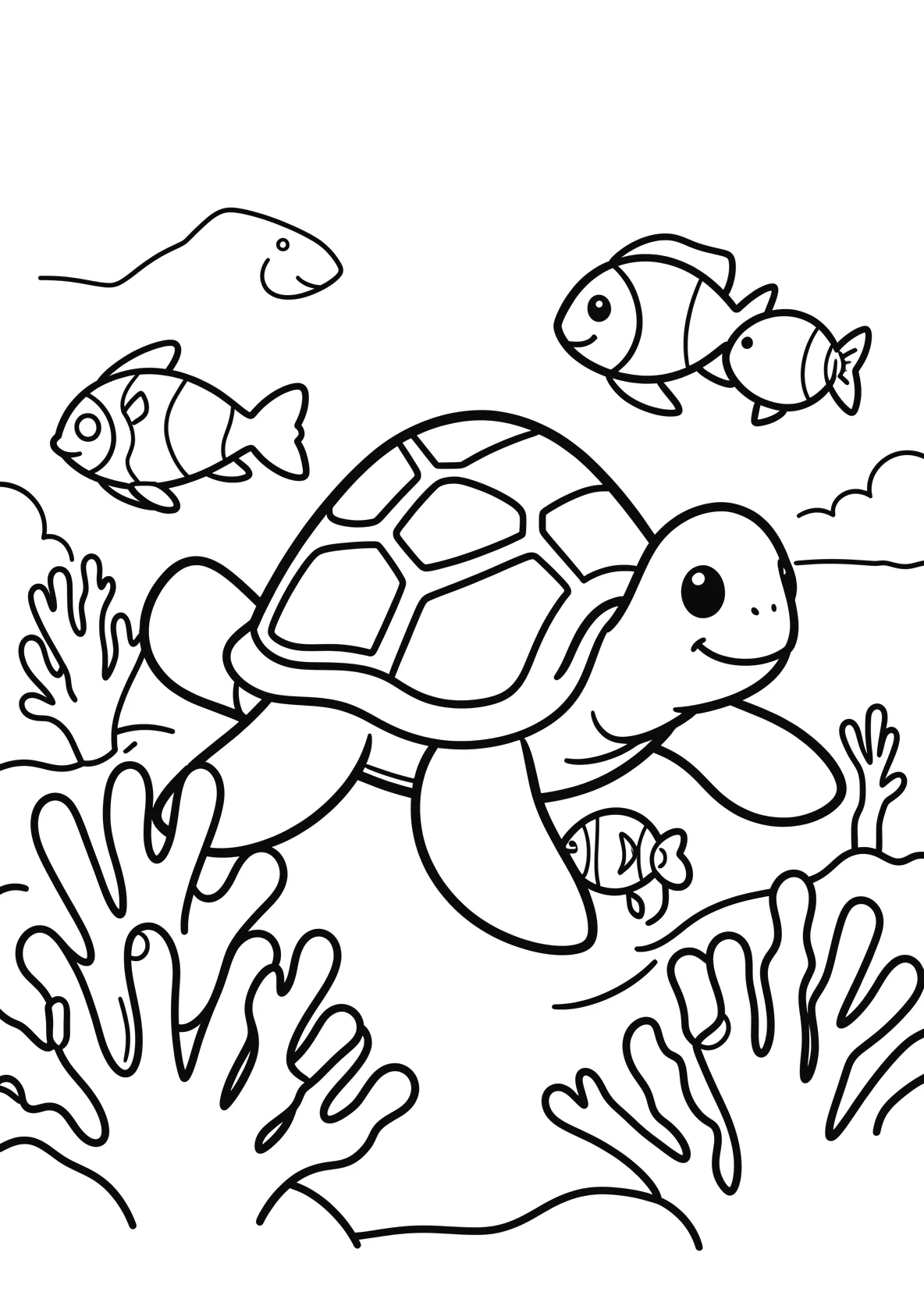 Ausmalbild Schildkröte schwimmt zwischen Korallen - Ausmalbild aus der Kategorie Tiere - kostenlos ausdrucken